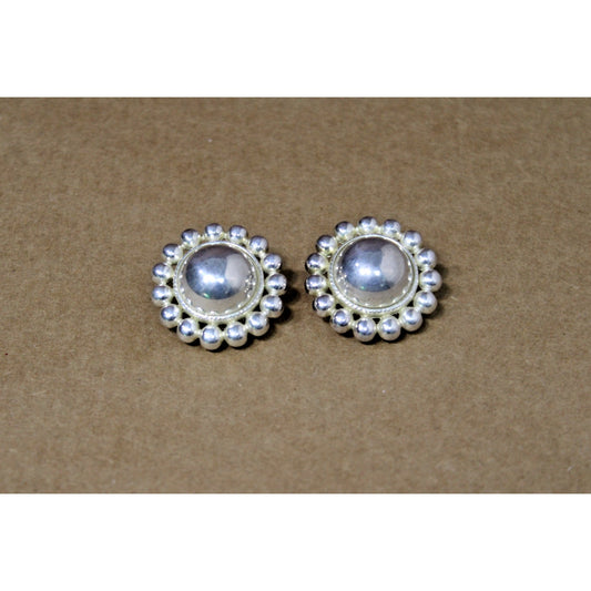 Vintage Clip-on Silvertone Polished Button Earrings with Beaded Edges, 1.25" W