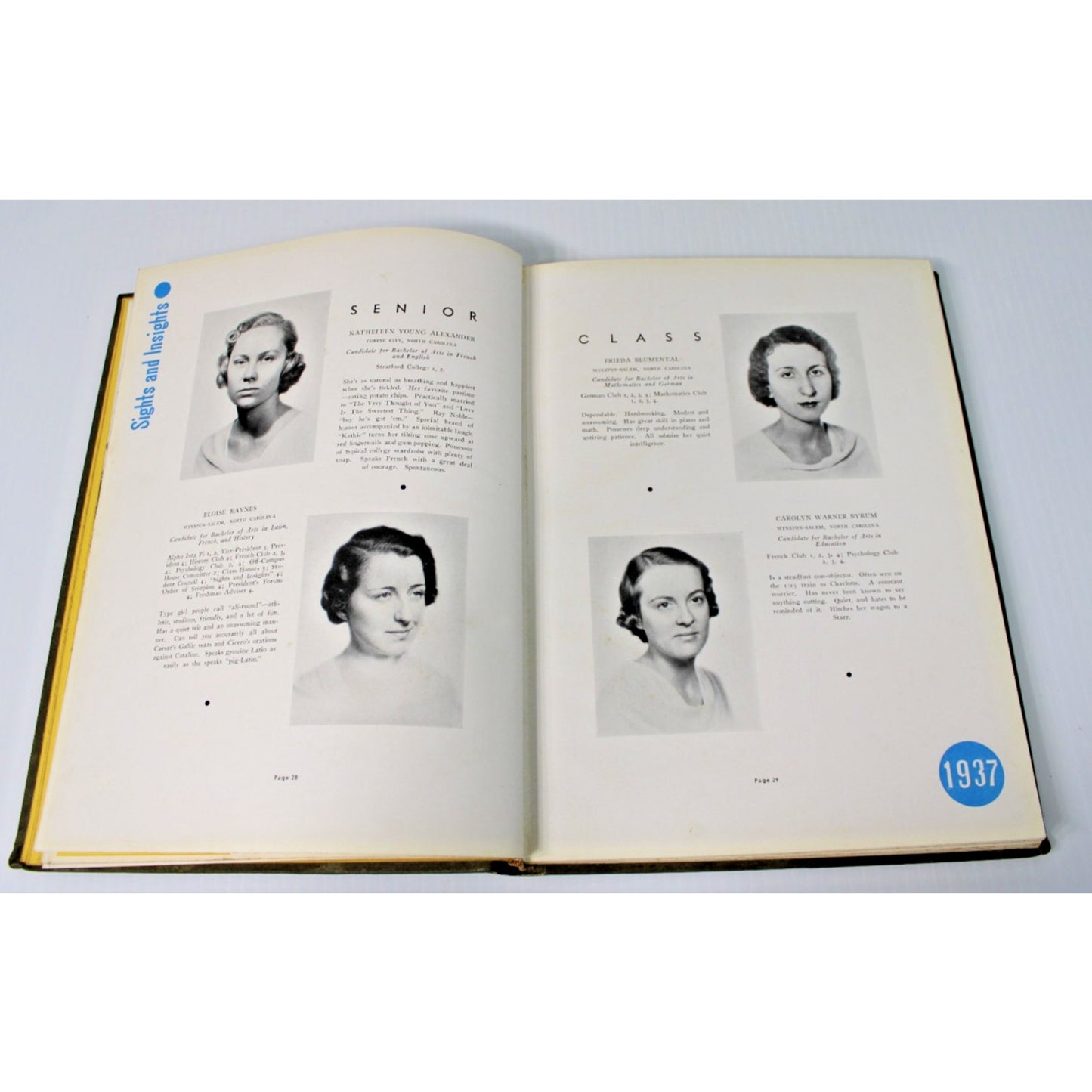 Vintage 1937 Salem Womens College "Sights & Insights" Yearbook Winston-Salem NC