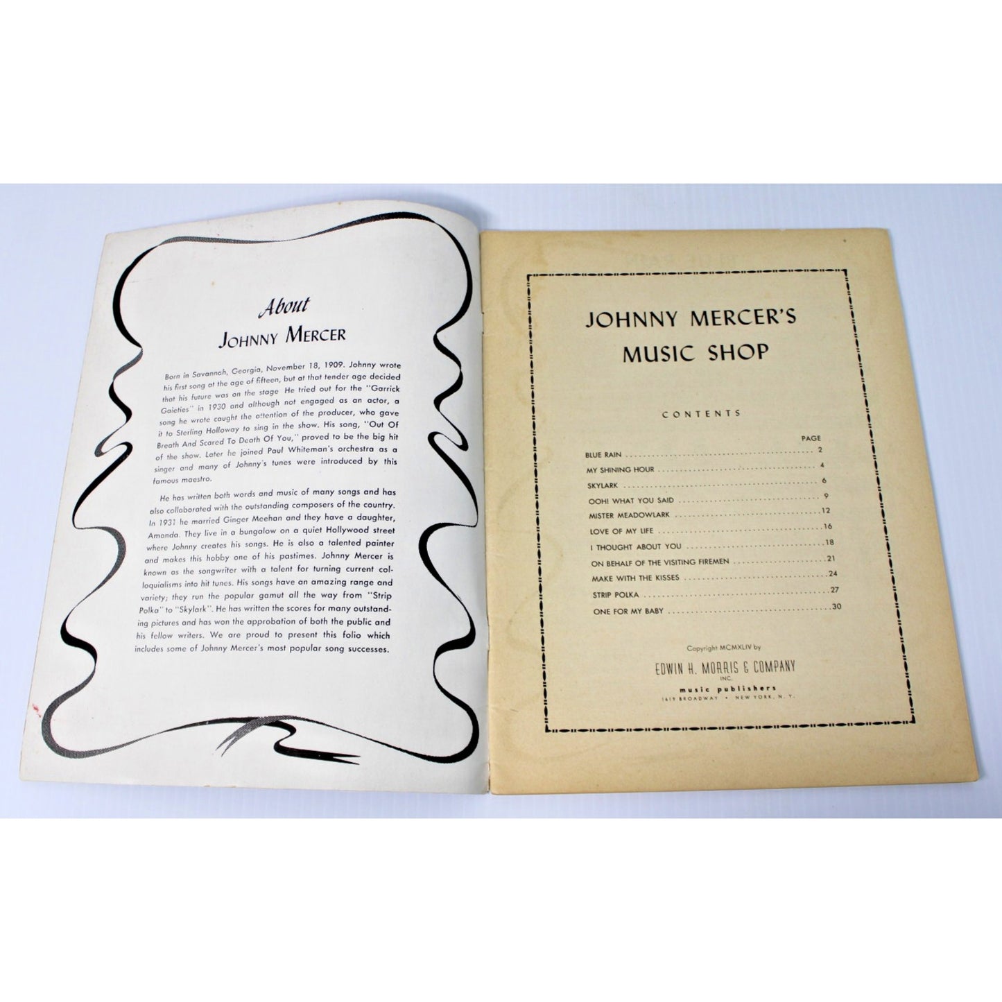 1944 Edwin Morris Piano Sheet Music Songbook: Johnny Mercer's Music Shop