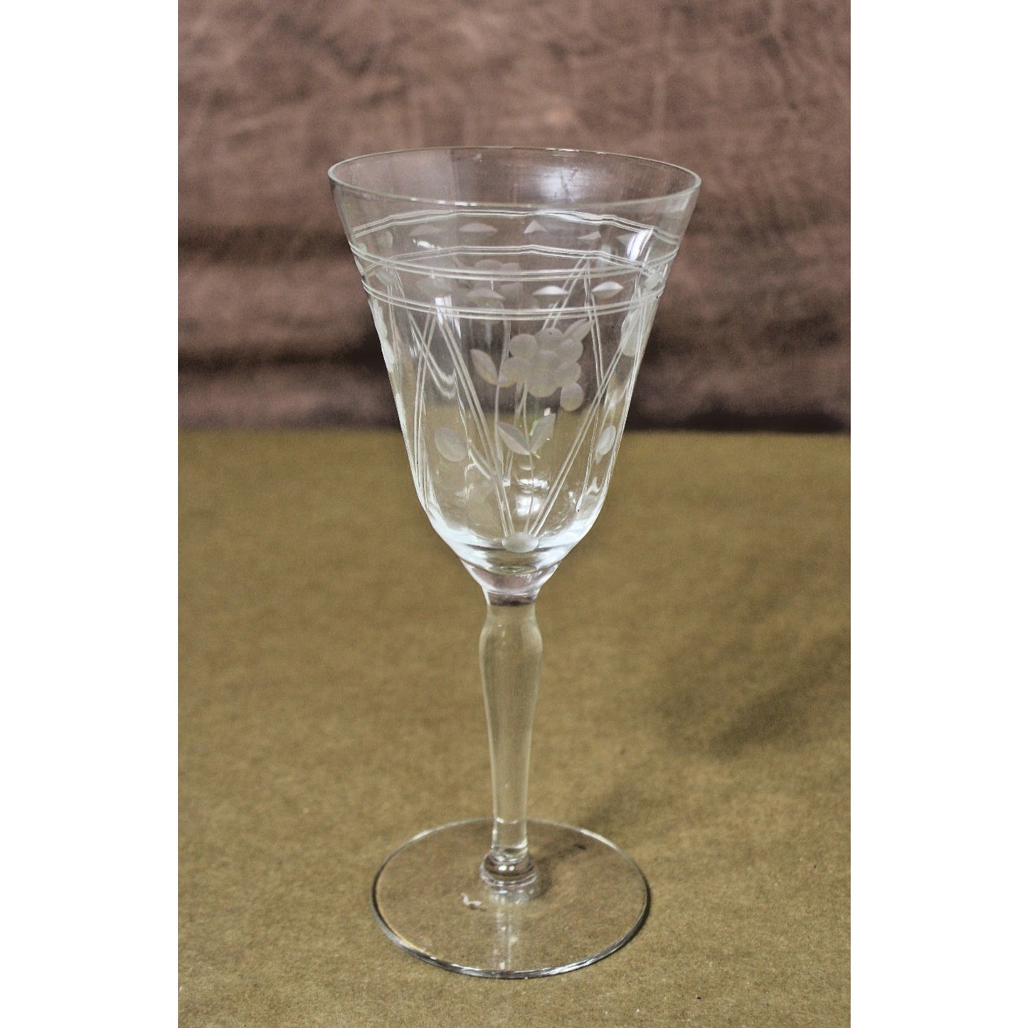 Set of 7 Tiffin Crystal Etched Daisy/ Floral Optic Wine Glasses, Vintage 1930s