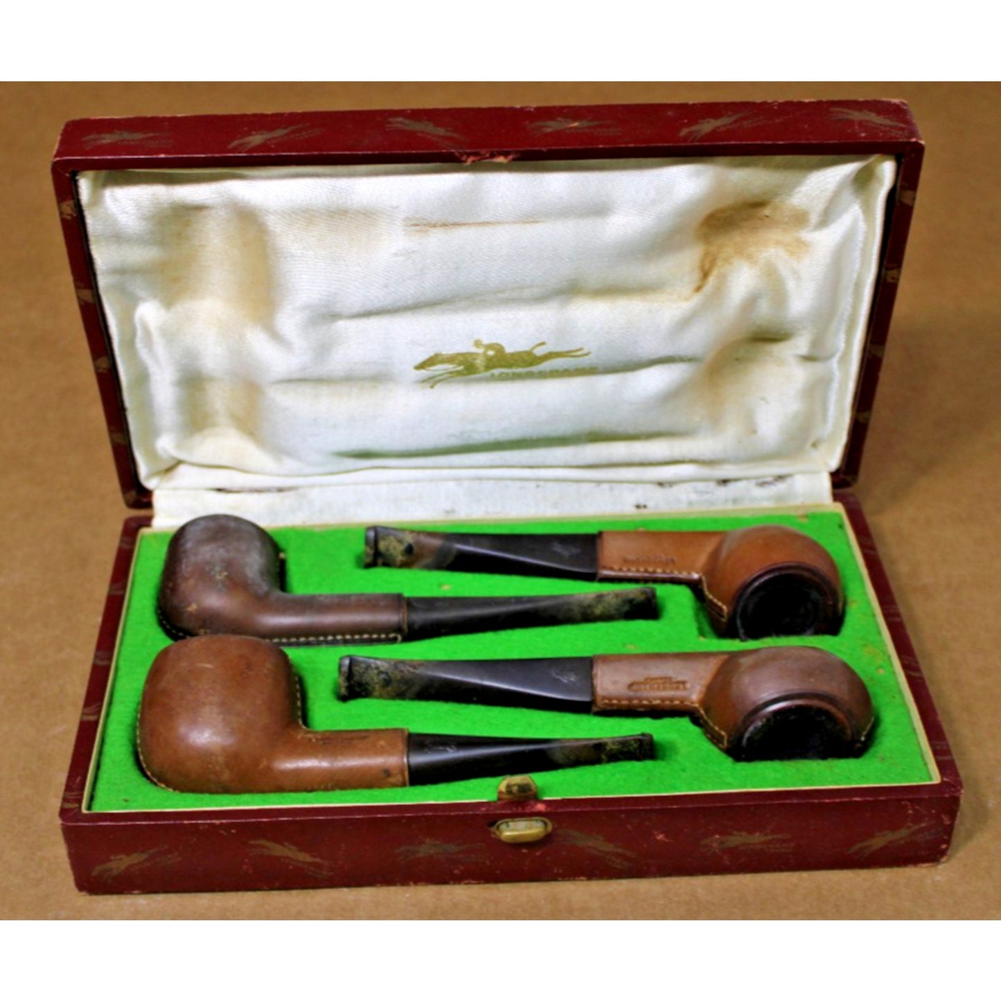 4 Vintage Longchamp Leather-Clad Pipes in Keepsake Box, All Marked