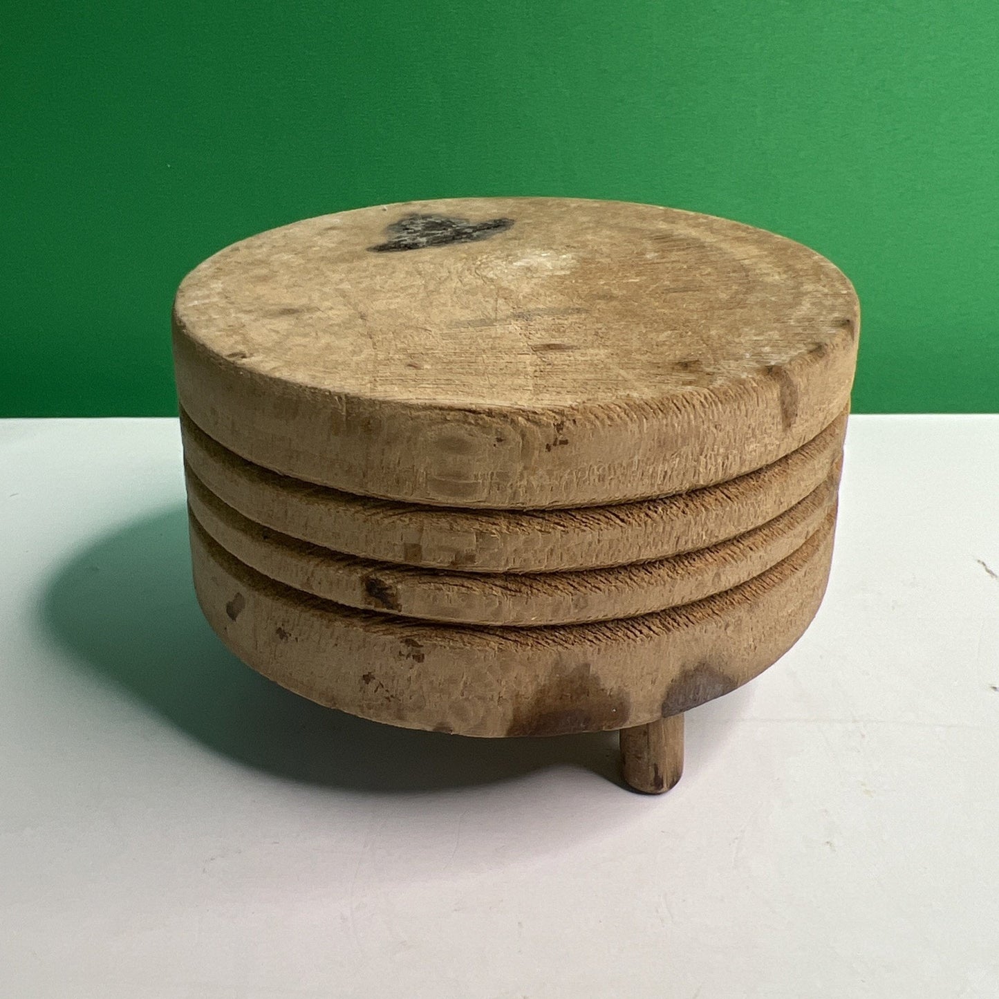 Vintage Tuk-Away Miniature Butcher Block Solid Wood 4" In Diameter 3" Tall