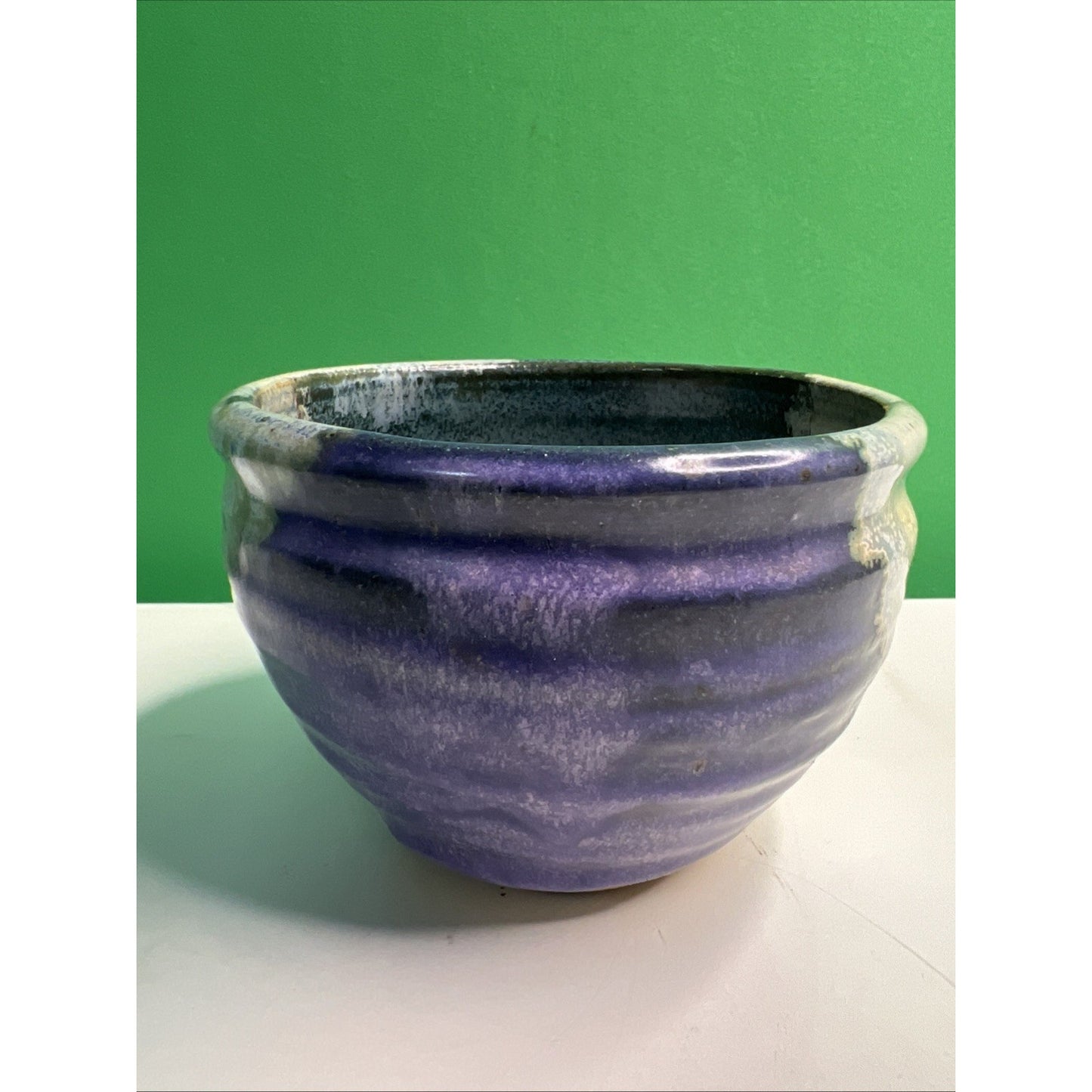 Studio Art Pottery Ceramic Blue And Purple Hues Drip Glazed Vintage Pot Bowl