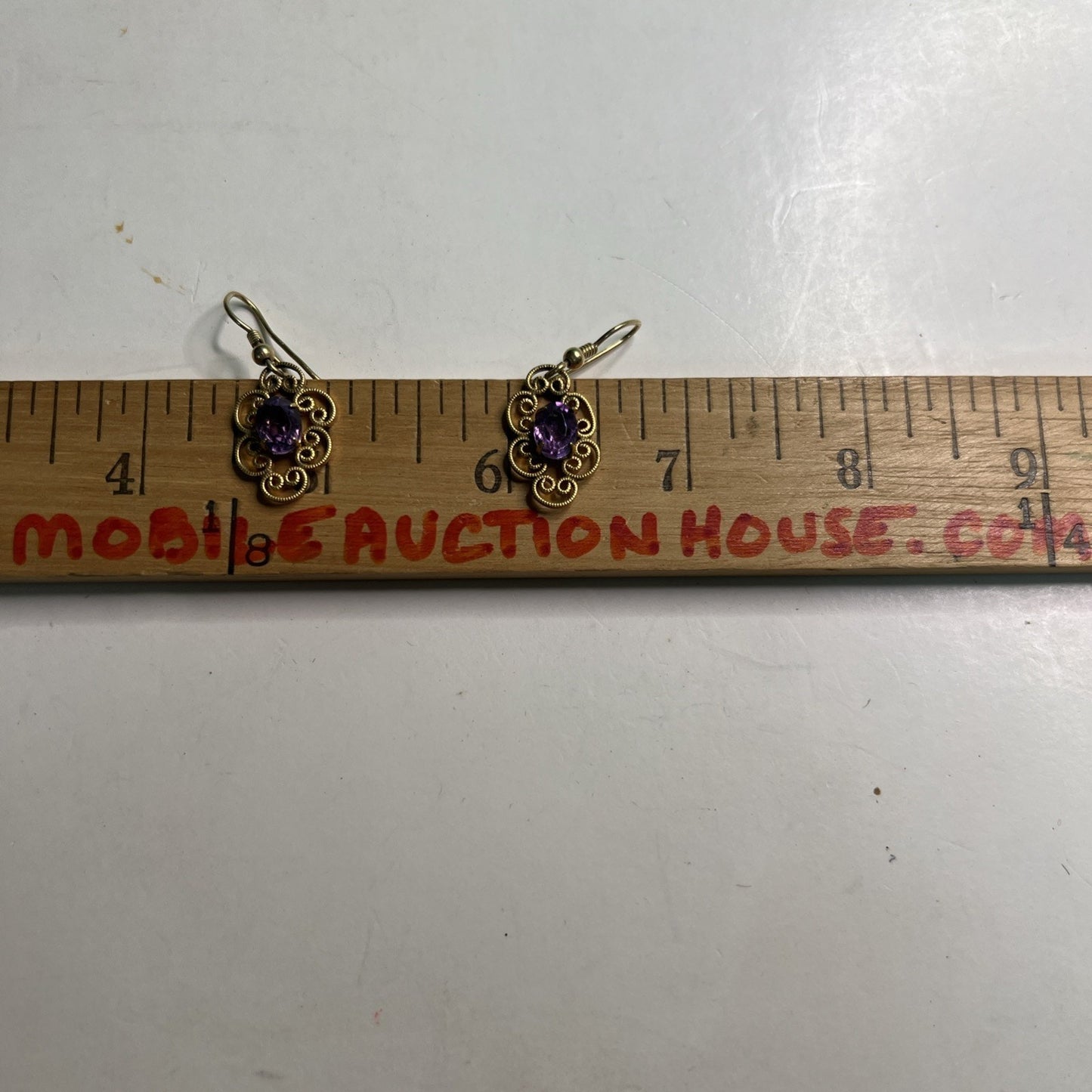 Vintage Artisan Gold Tone Purple Stone Hook Dangle Earrings French Wire