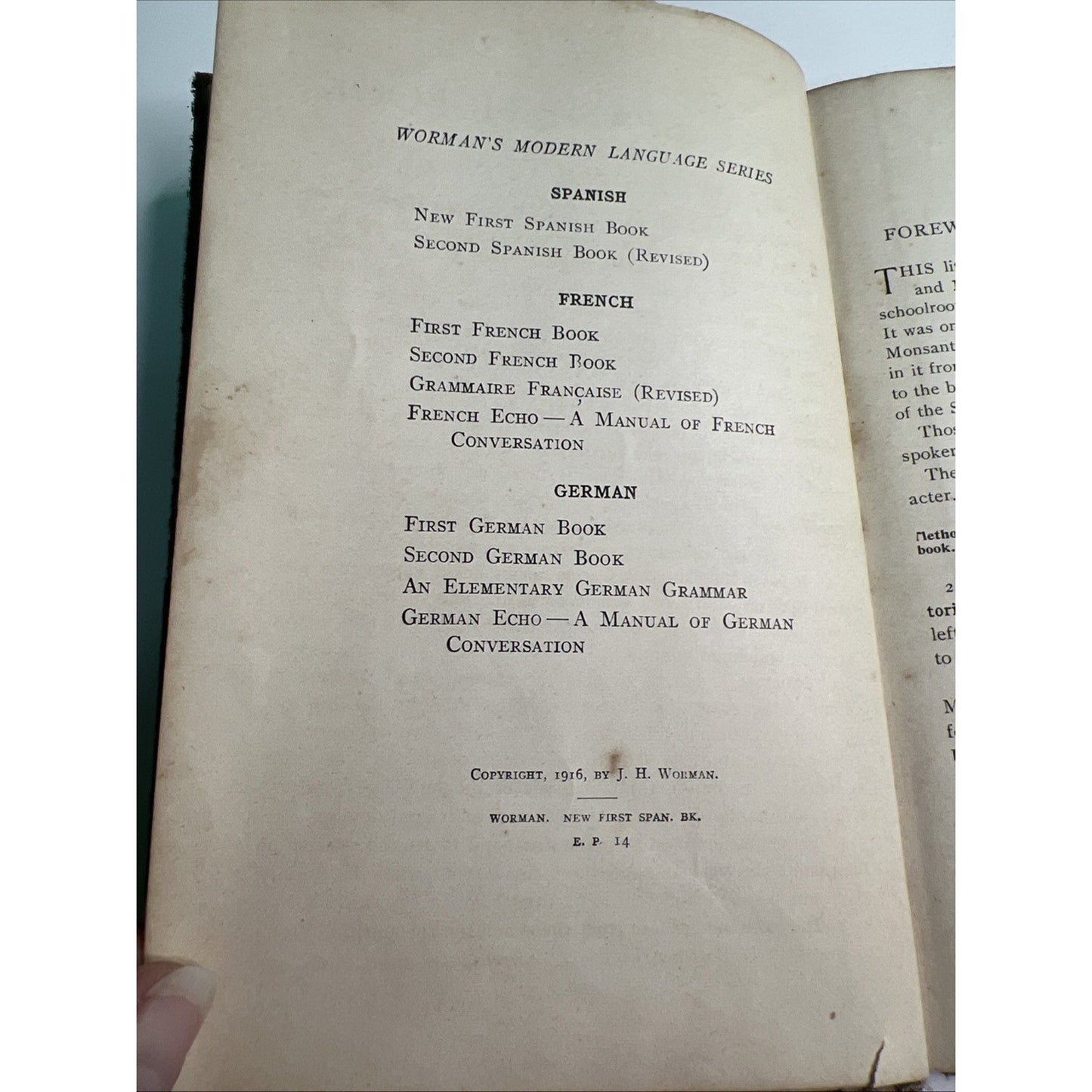 1916 New First Spanish Book by J. H. Worman American Book Company HC Damaged