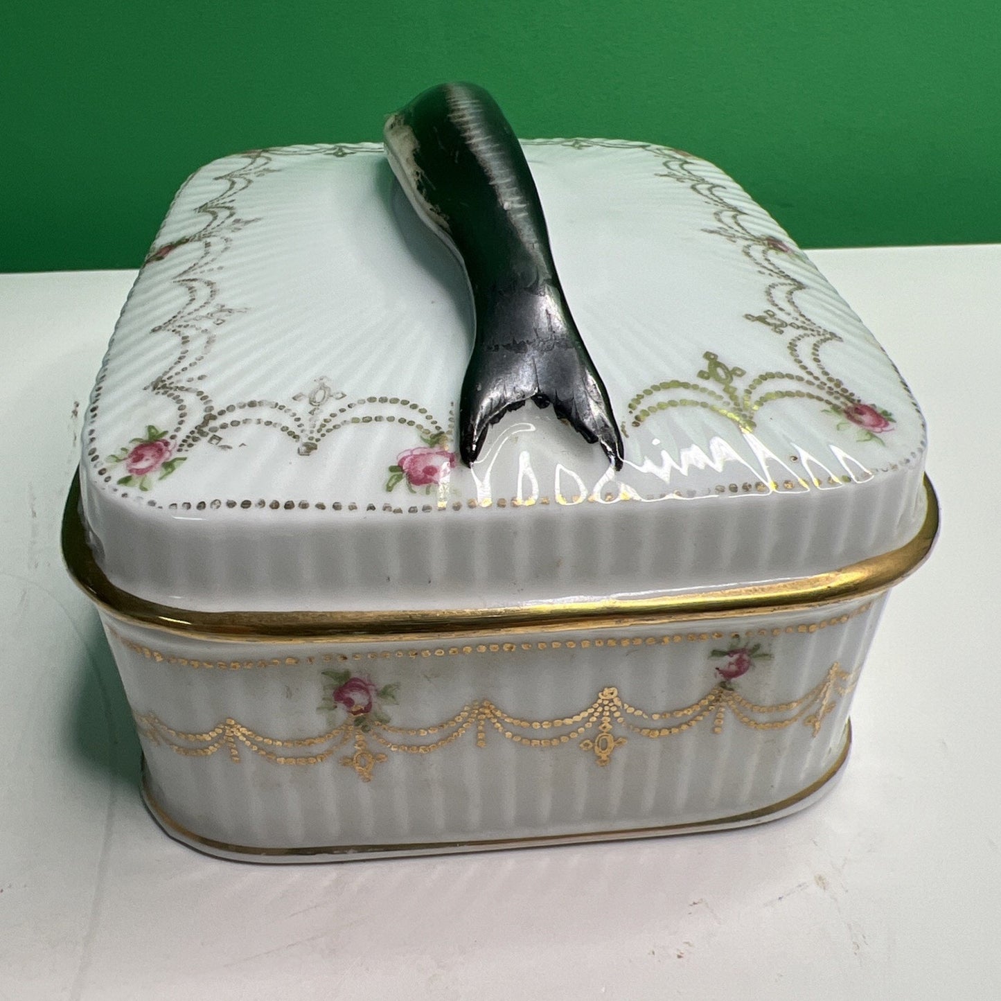 Antique Victoria Austria Covered Sardines China Dish 5” x 4” Figural Fish Handle