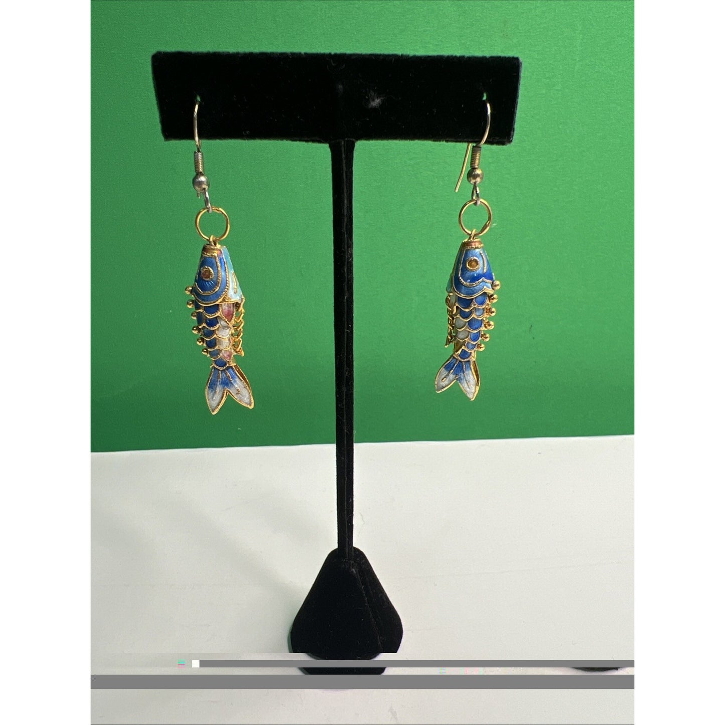 Vintage Articulated Cloisonné Guilloche Enamel Fish Earrings French Wire
