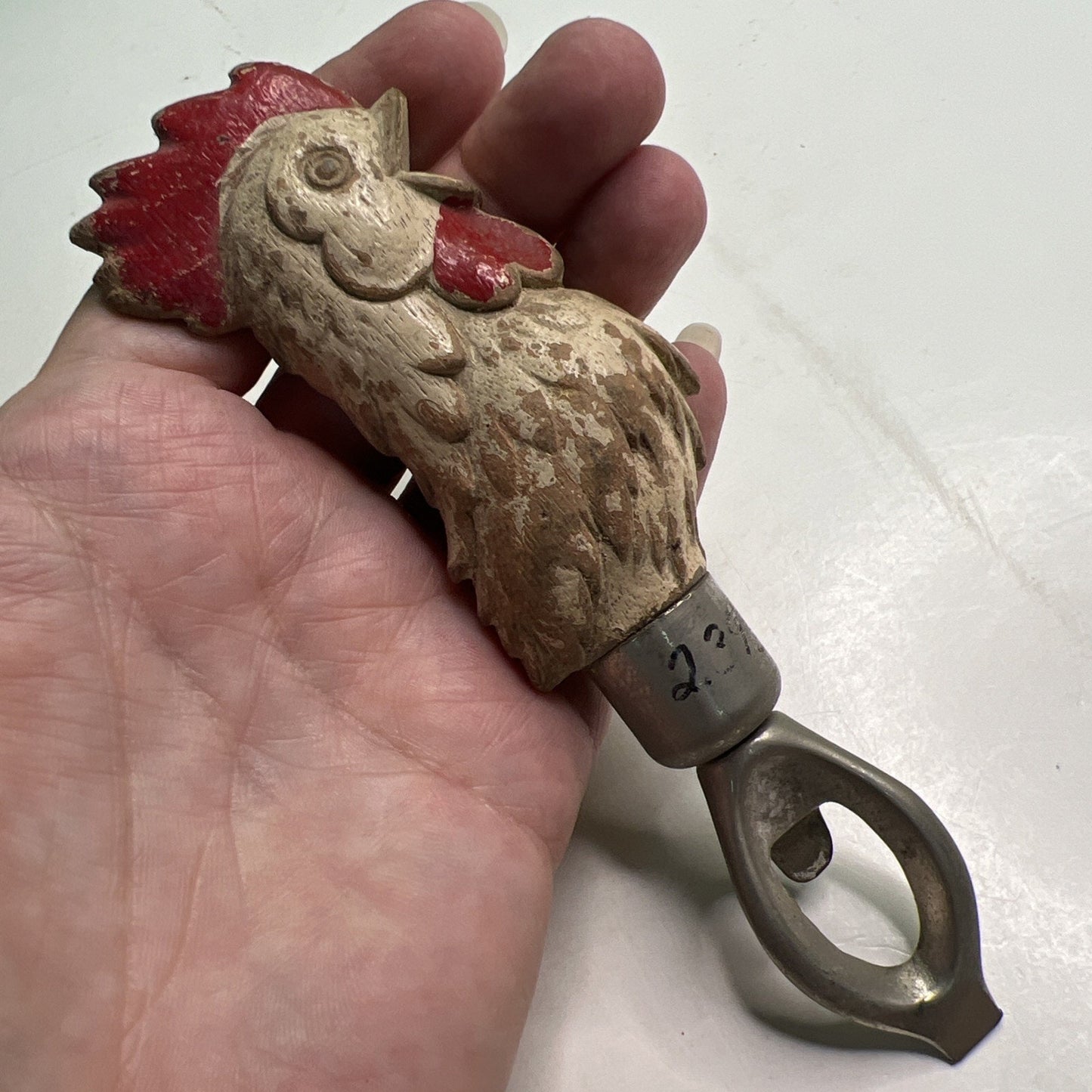Antique Hand Carved Wood Handle Rooster Chicken Bottle Opener
