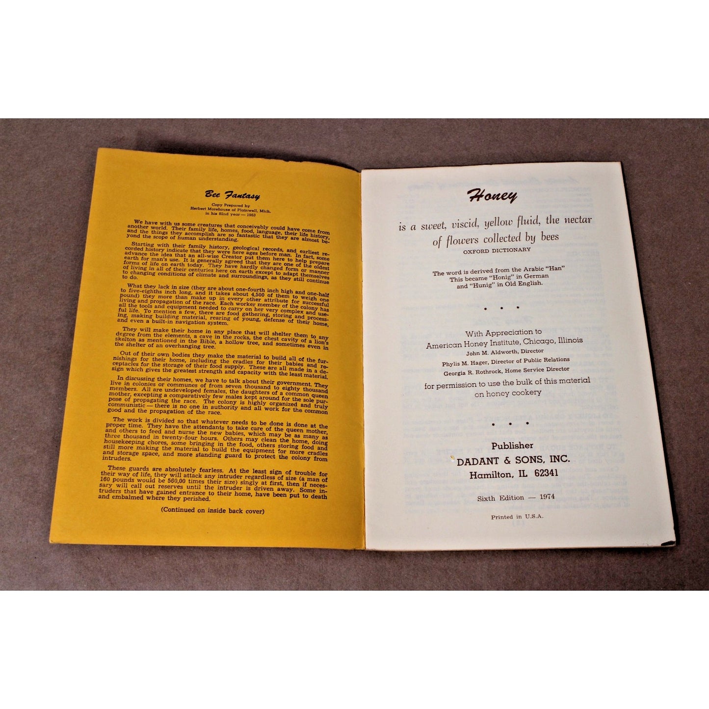 Honey Cookery Cookbook, Dadant & Sons 1974, Bee Fantasy American Honey Institute