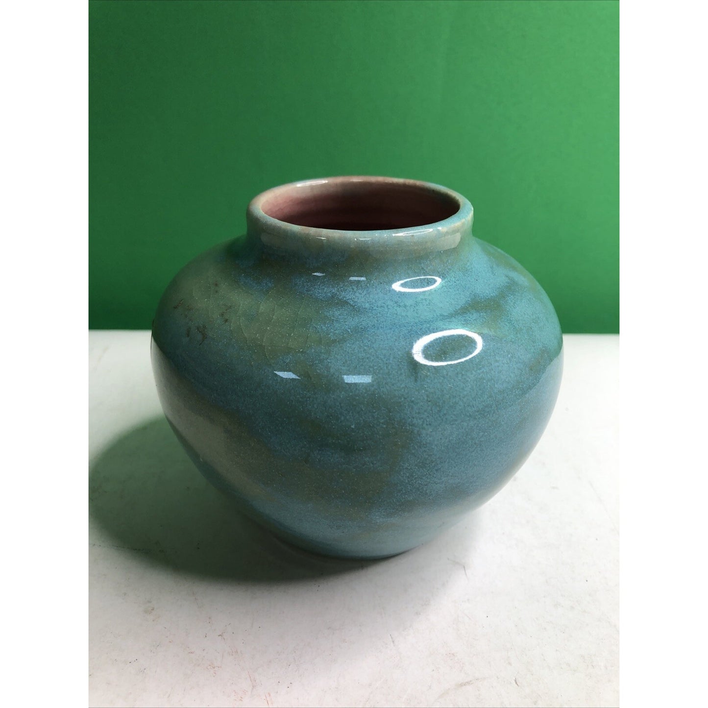 Vintage 1951 Stephen NC Pottery Cabinet Vase Blue Green Glaze Pink Interior