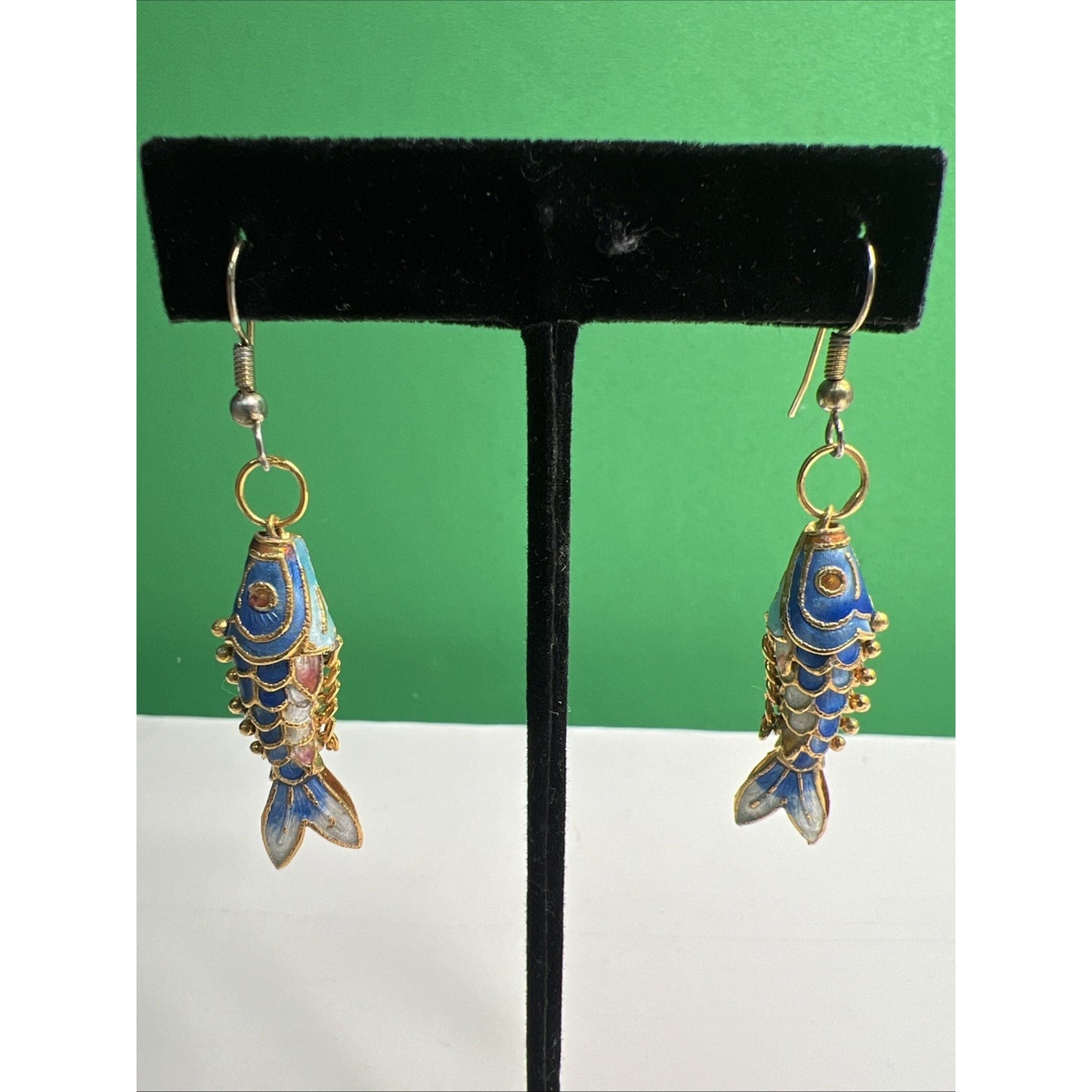 Vintage Articulated Cloisonné Guilloche Enamel Fish Earrings French Wire