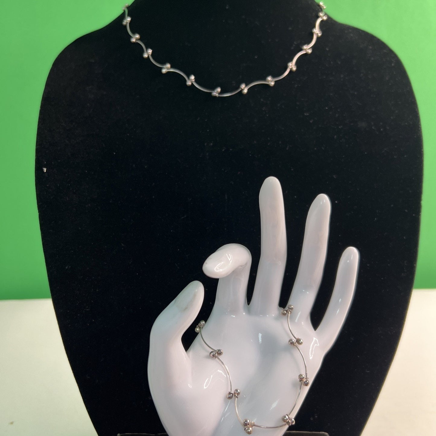 Vintage Sterling Silver Links & Spheres Chain Necklace 16”+2” AND Bracelet 8”