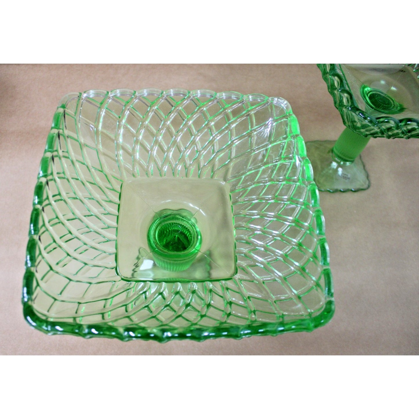 LE Smith Glass 1960 Green Compote Trellis Pressed Pedestal Bowl Pair 8 ½" x 8 ½"
