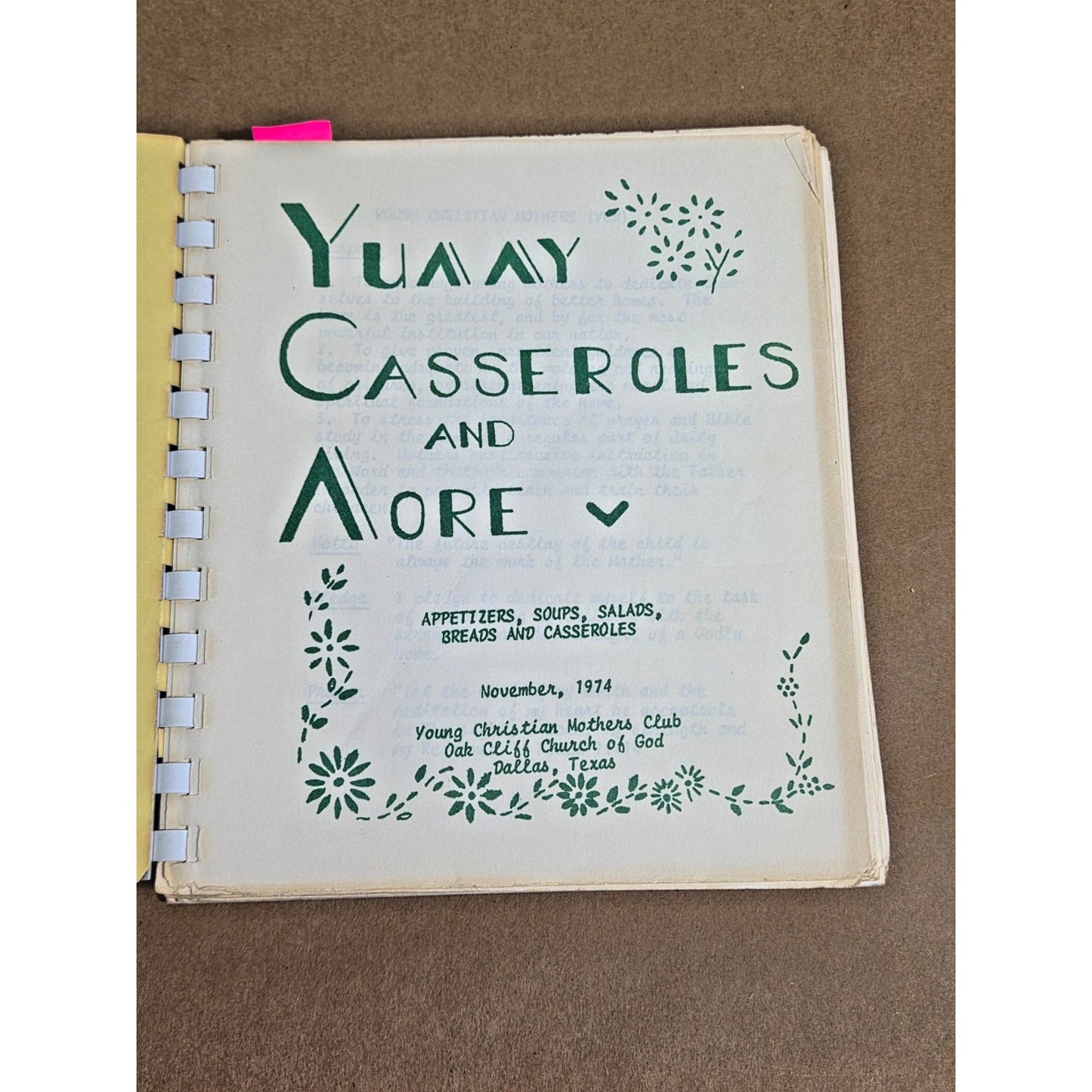 Vintage 1974 Young Christian Mothers Dallas Texas TX Community Cookbook