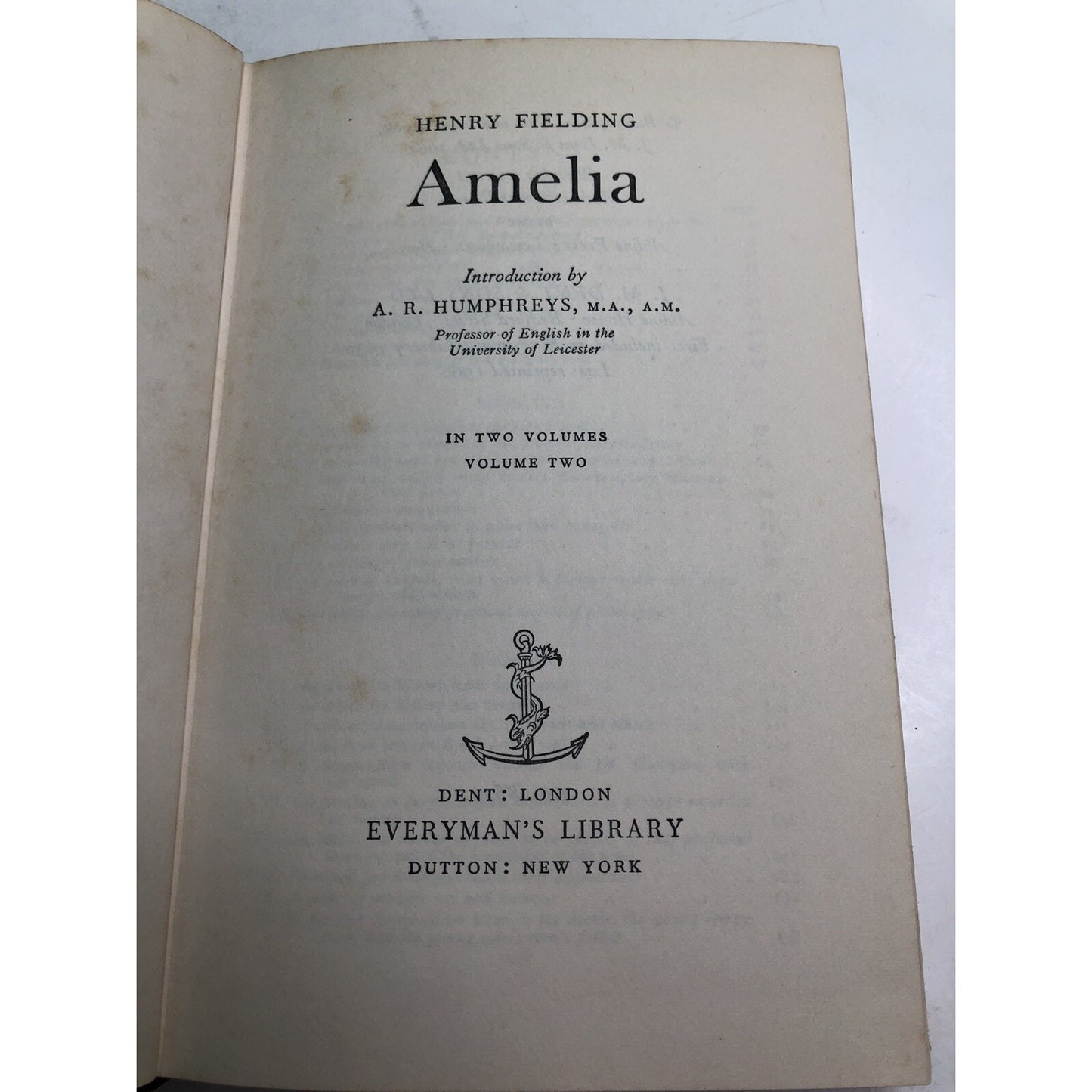 Amelia by Henry Fielding Volume 1 & 2 HC DJ 1966 Everyman's Library 852, 853