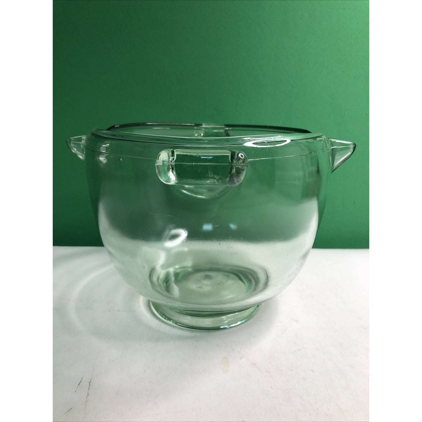 Vintage TUFGLAS Large Mixing Bowl Uranium Glass Double Spout Handled Depression
