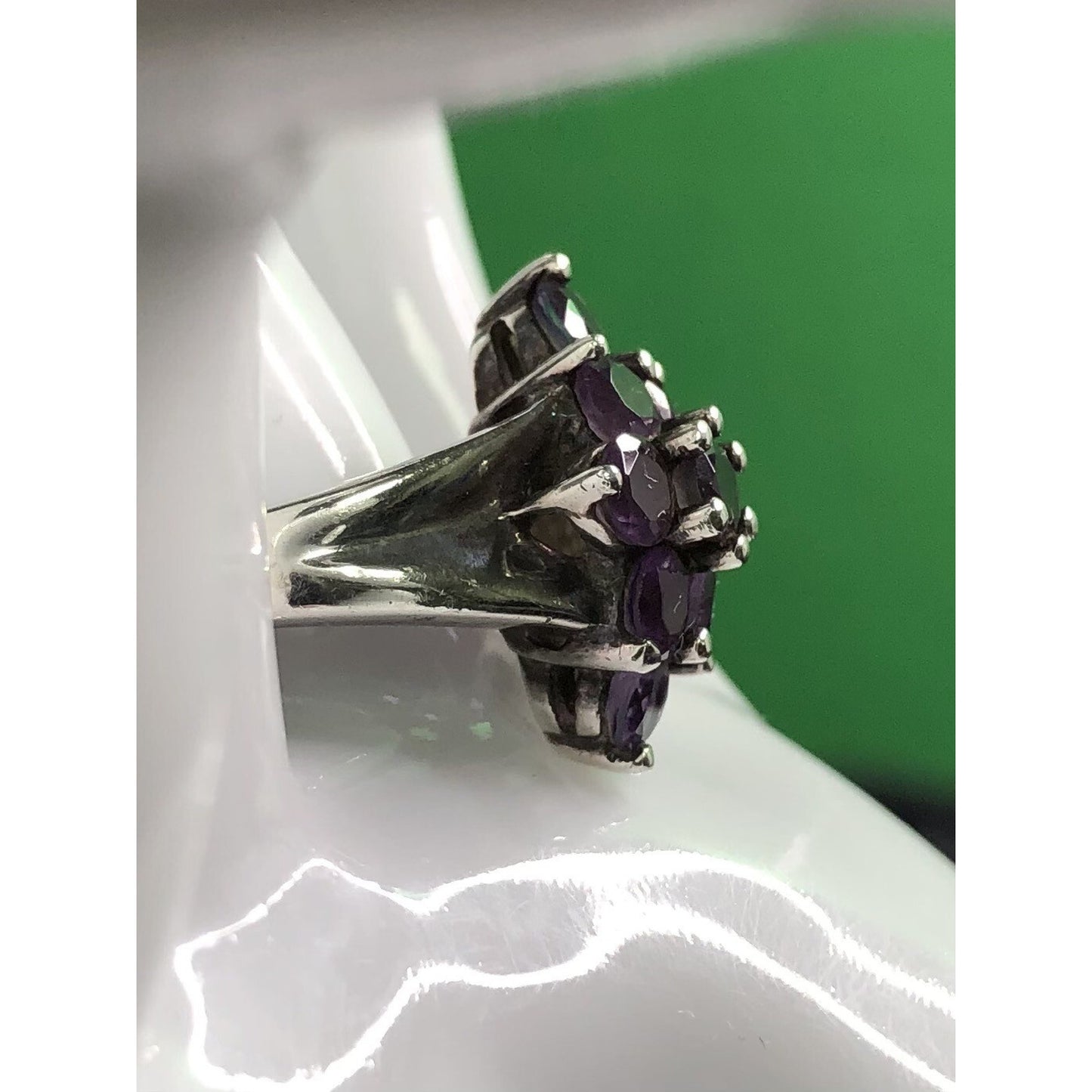Vintage Amethyst Sterling Silver Ring Marquise Setting Round Stones