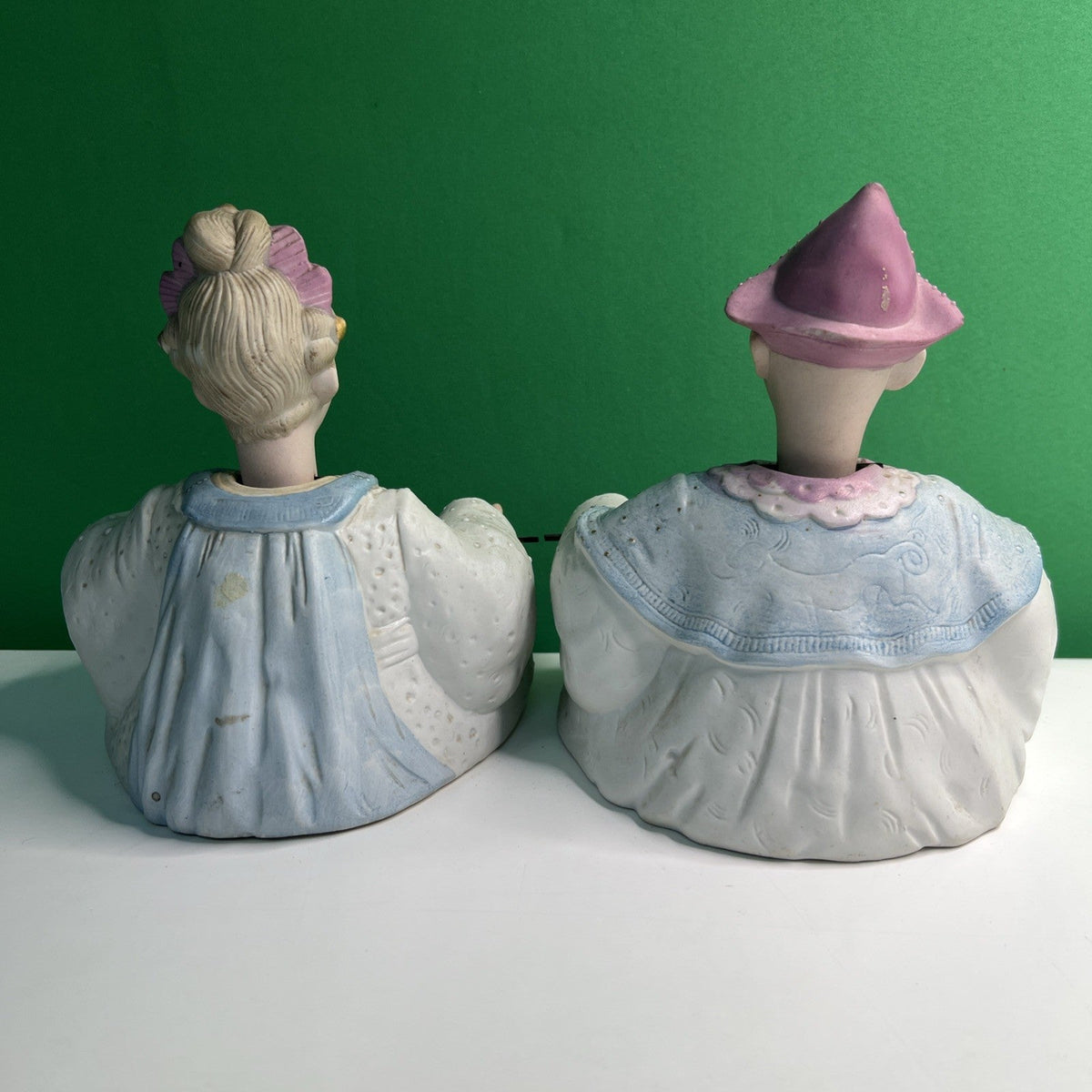 Vintage Pair of European Bisque Chinese Male & Female Nodders Pink Blue Gold