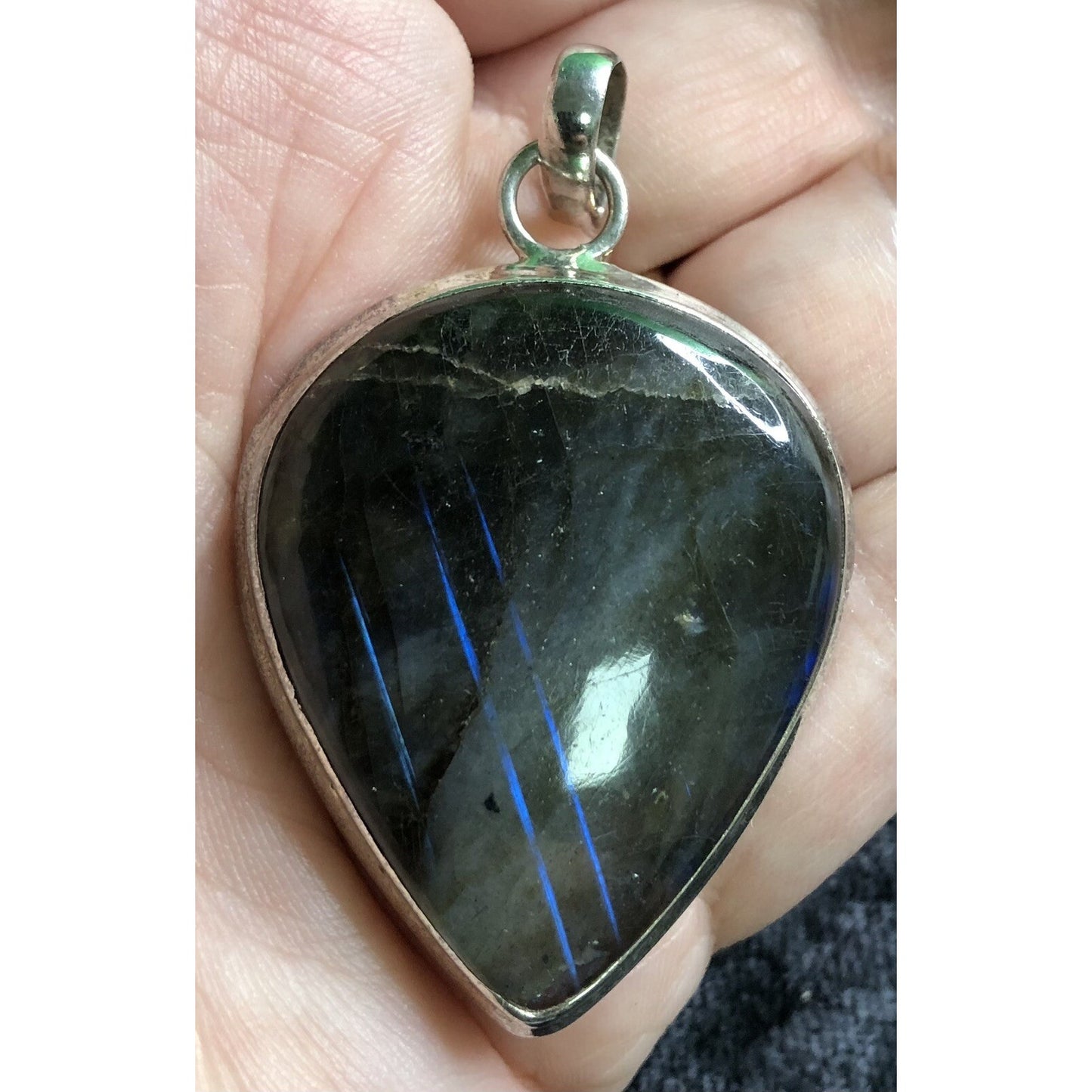 Vintage Sterling Silver Blue Glow Labradorite Pendant Estate Jewelry 1.75” Long