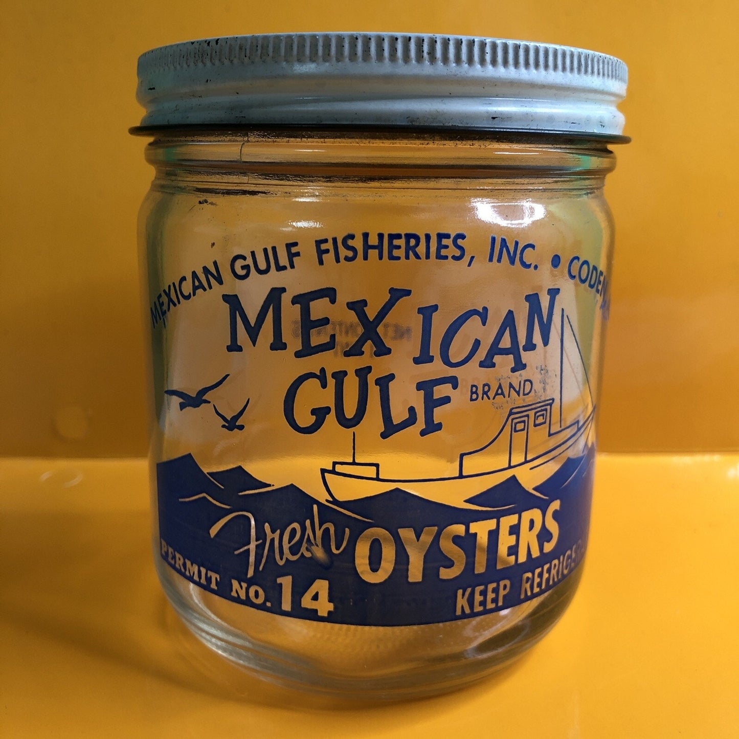 Rare Mexican Gulf Fisheries Pint Oyster Jar & Lid Coden Alabama ALA AL