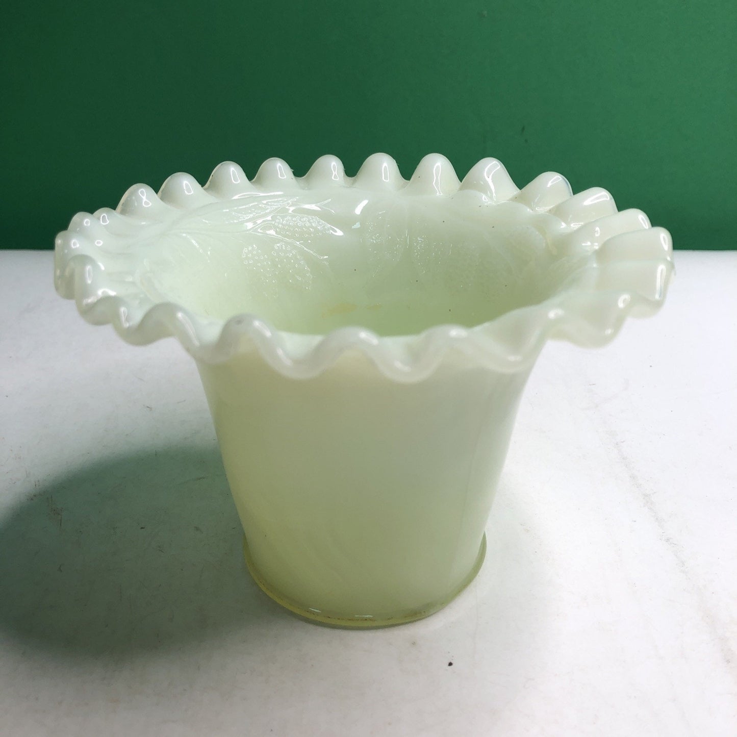 Vintage Uranium Custard Glass Vase 3.5” Tall Ruffle Top Grape Leaf Design Glows
