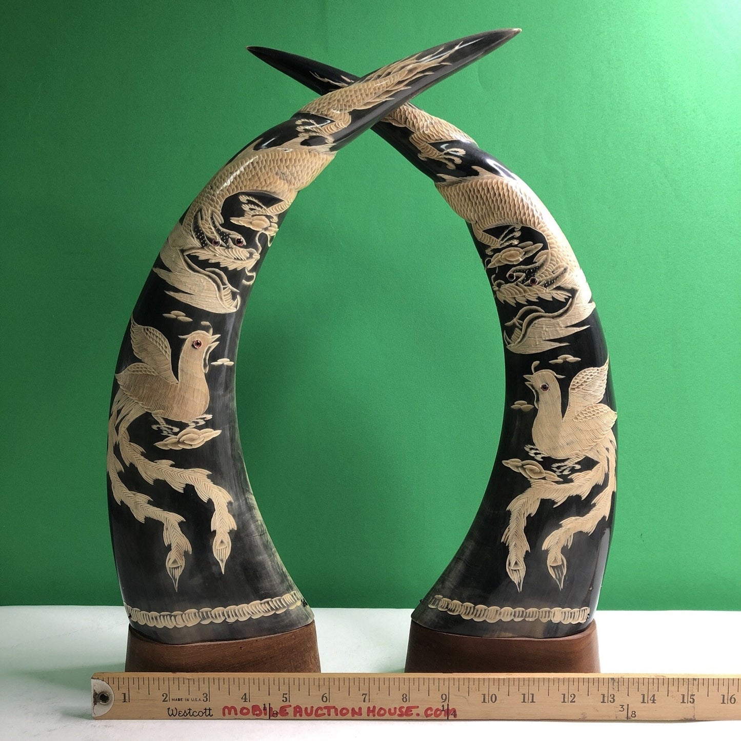 PAIR OF Large WATER BUFFALO HORNS CARVED WITH DRAGON & PHOENIX FENG SHUI