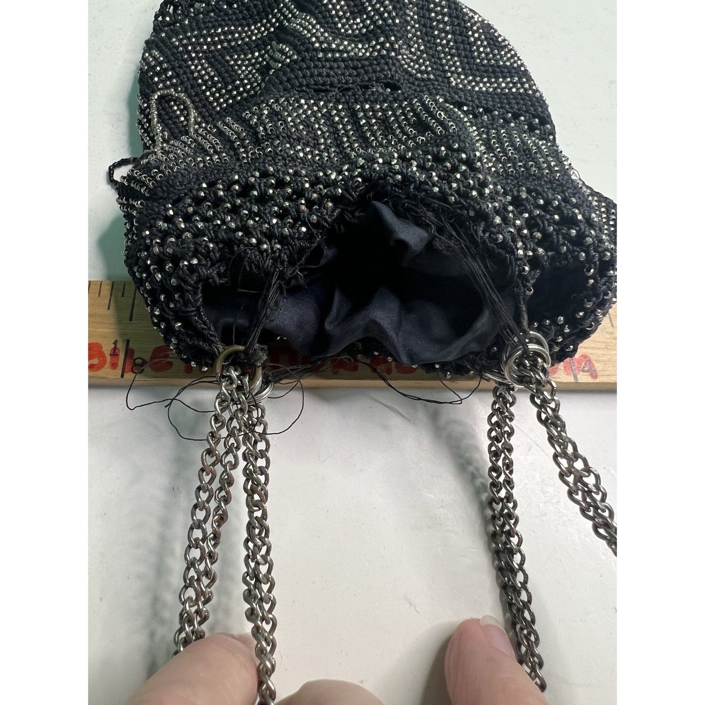 Antique Black & Silver Steel Bead Fringe Flapper Purse Greek Key NEEDS REPAIR