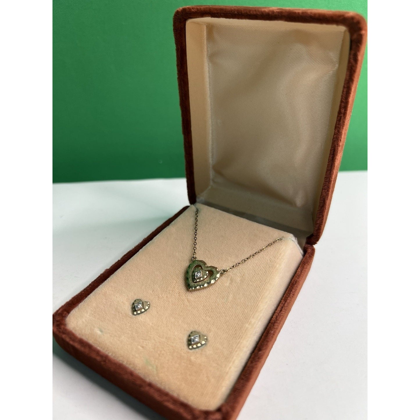 Vintage 14K Gold Filled Hearts With Clear Stones Necklace & Earrings Boxed Set