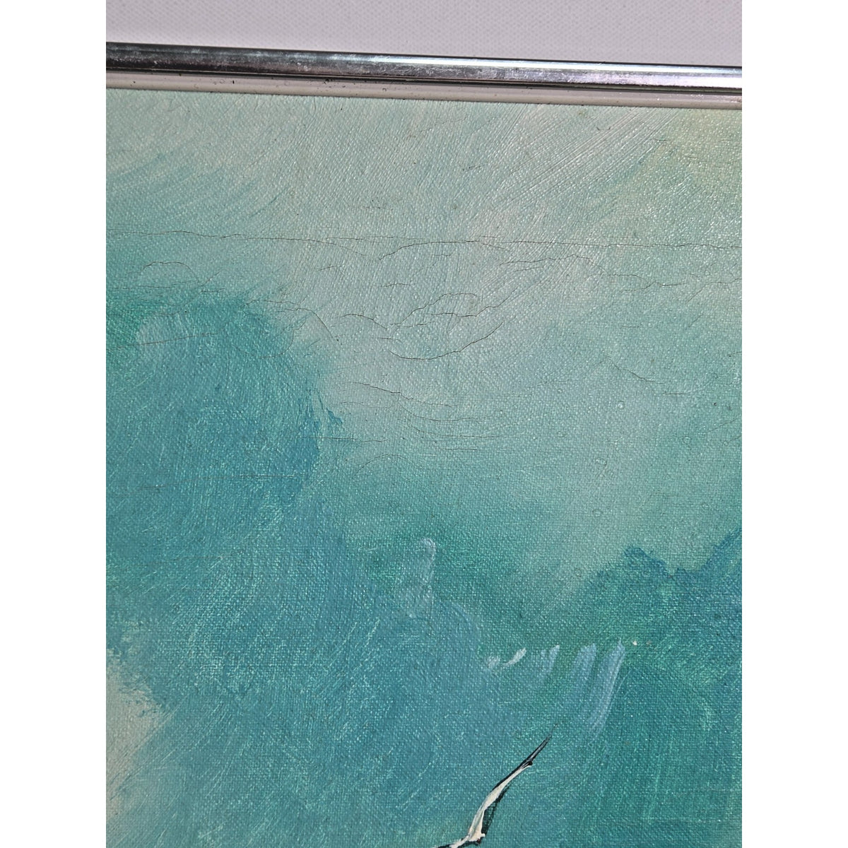 Vintage Impasto Seascape Painting Signed Dennis Mid-Century Silver Frame