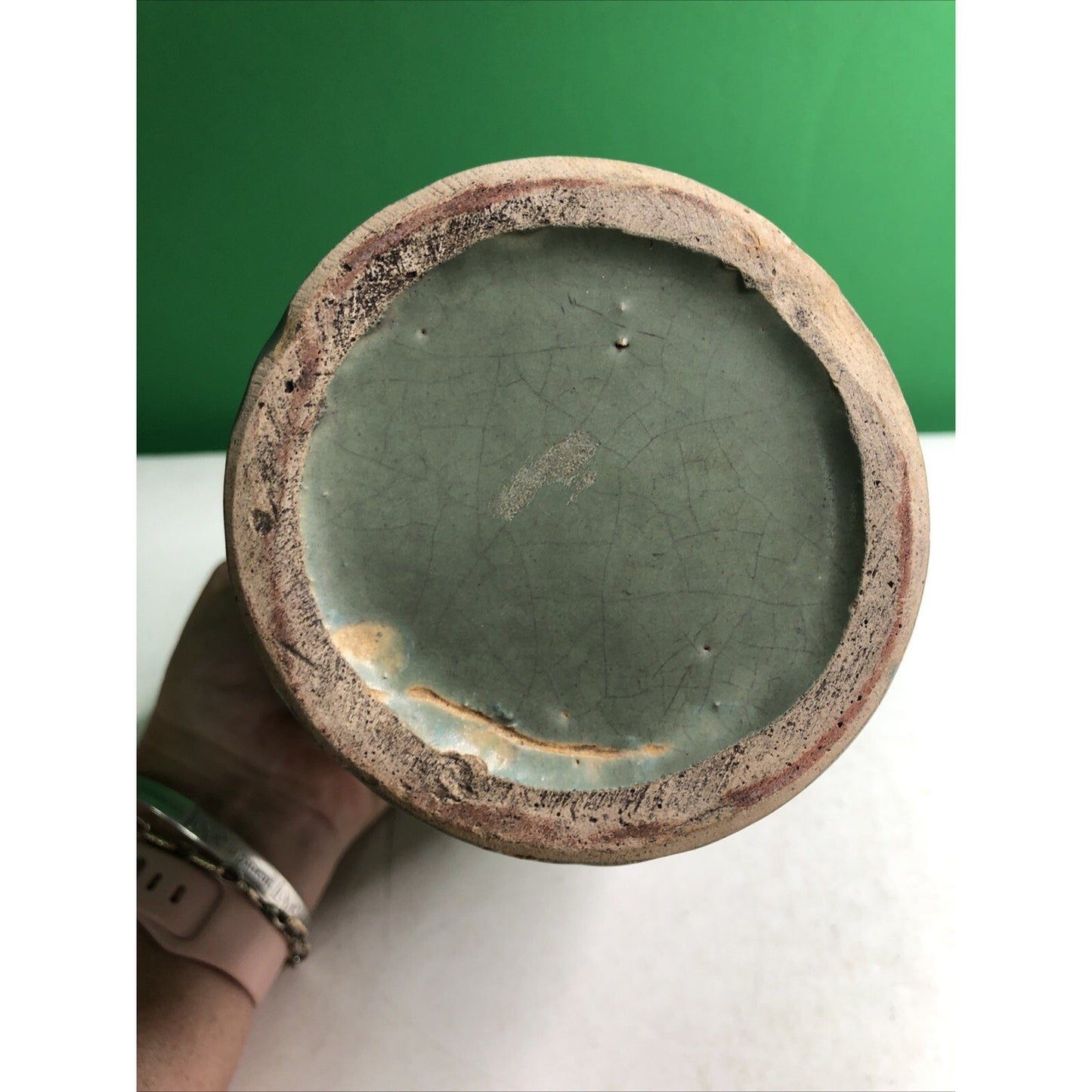 Brush McCoy 1930s Vintage Art Deco Pottery Mottled Green Cream Ceramic Vase