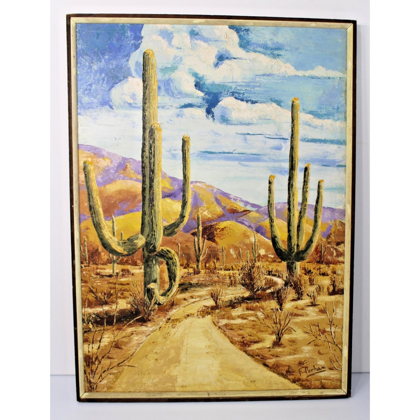 Desert Landscape Painting, Saguaro Cactus, 24" x 32" Framed, Signed F. Parham