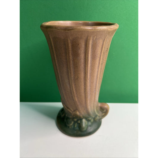 Vintage 1930's Nelson McCoy Pottery Leaves & Berries Matte Brown Cornucopia Vase