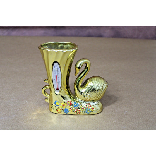 Vintage 1950s Anodized Gold Swan Thermometer Vase, Ceramic, Kitsch, MCM, 5 "H
