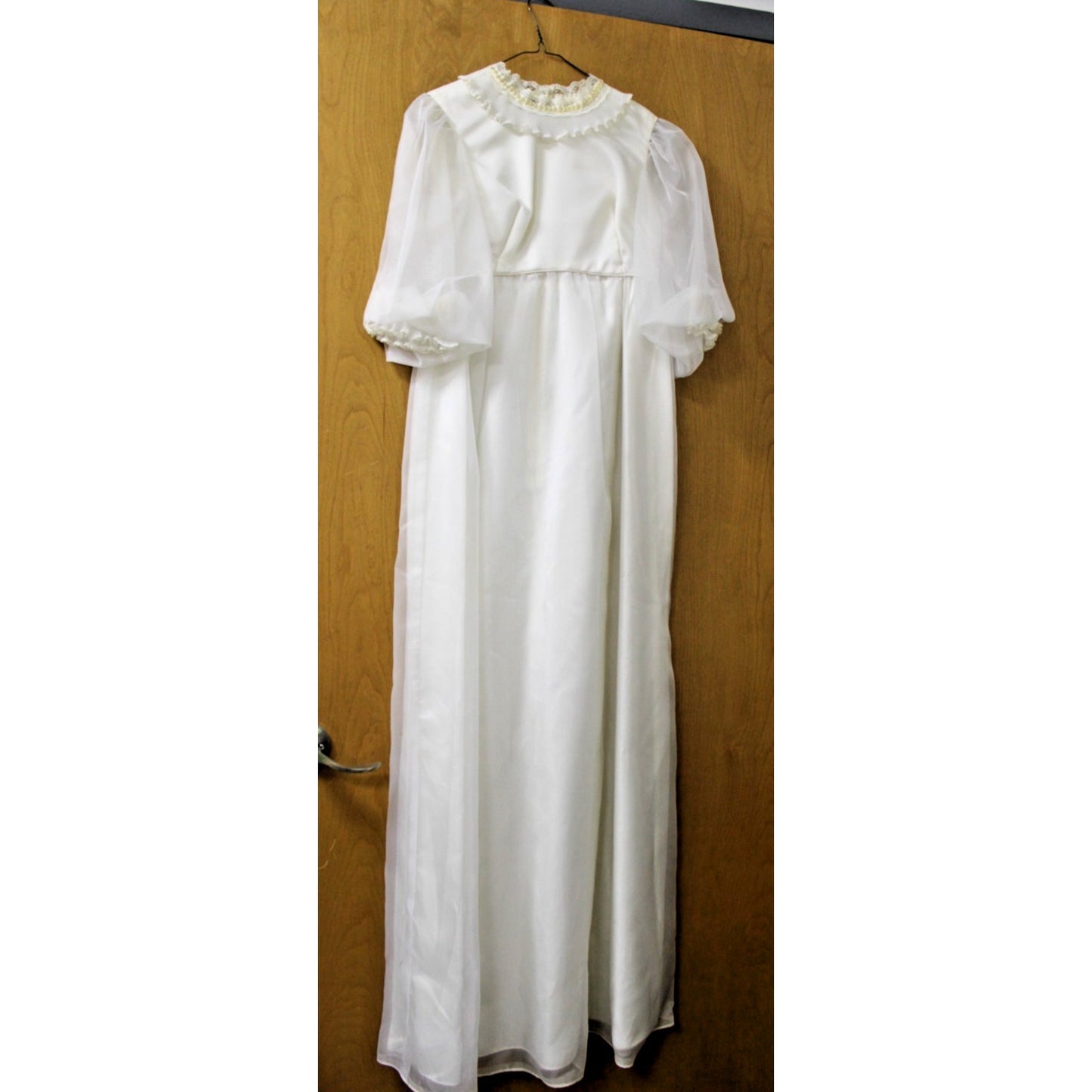Vtg 70s Emma Domb White Organza Wedding Dress Sheer Balloon Sleeve Back Bow Sz 7