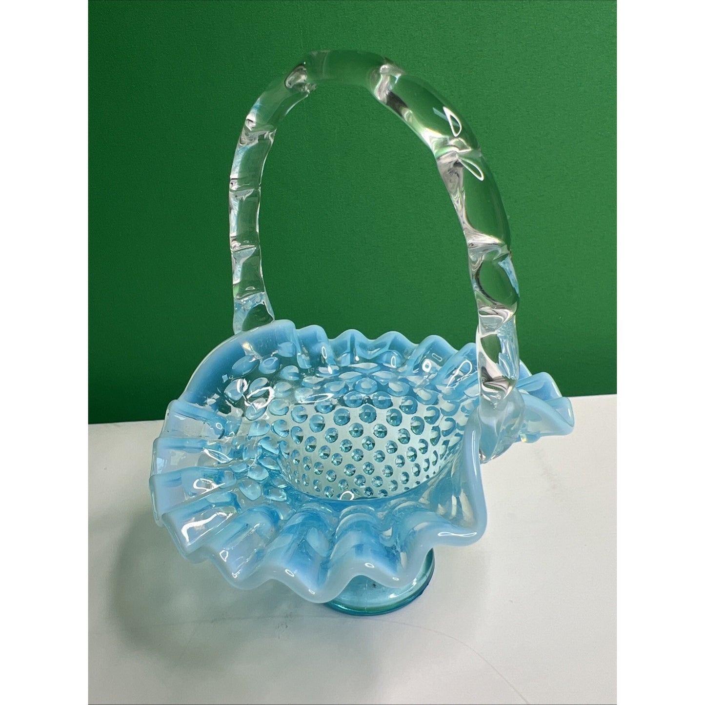 Vintage Fenton Blue Opalescent Hobnail Basket Ruffled Glass with Handle 6” Tall