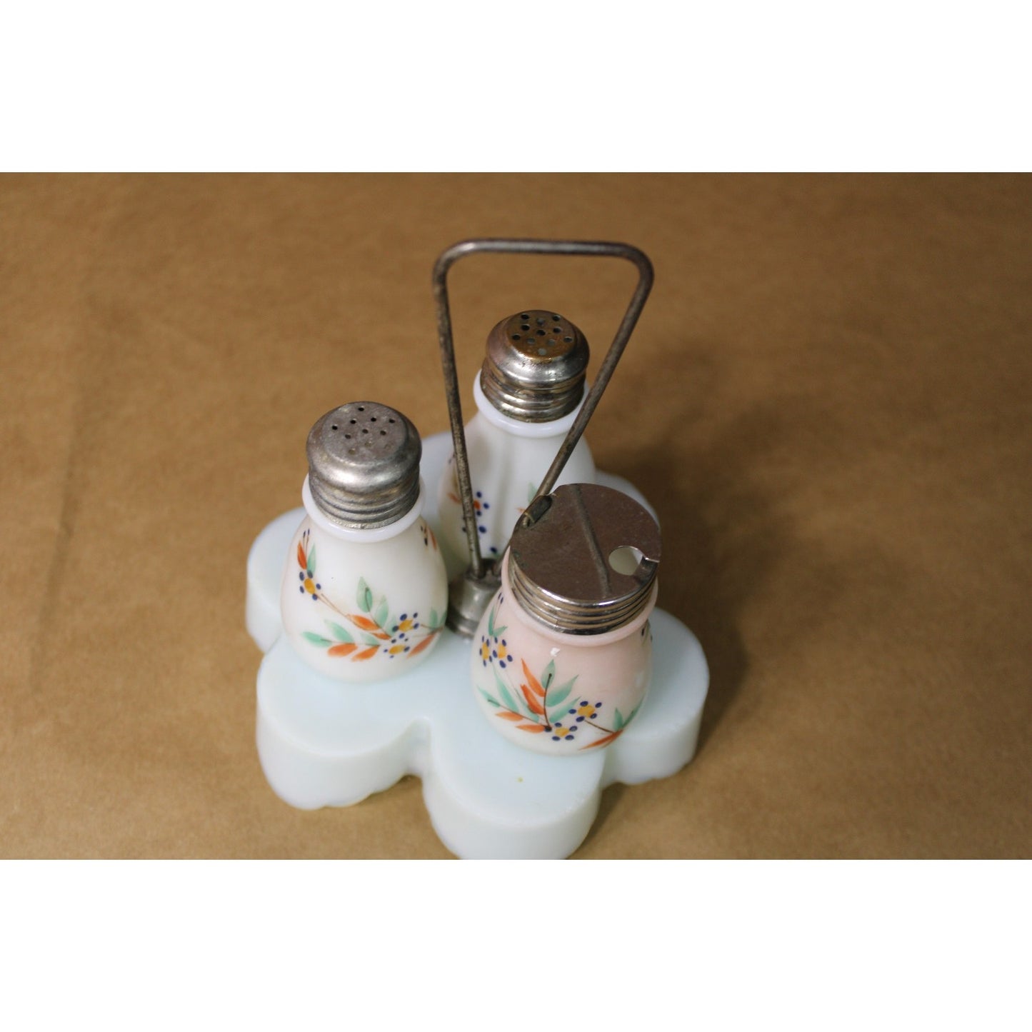 Antique Painted Milk Glass Condiment Caddy, Complete and Original