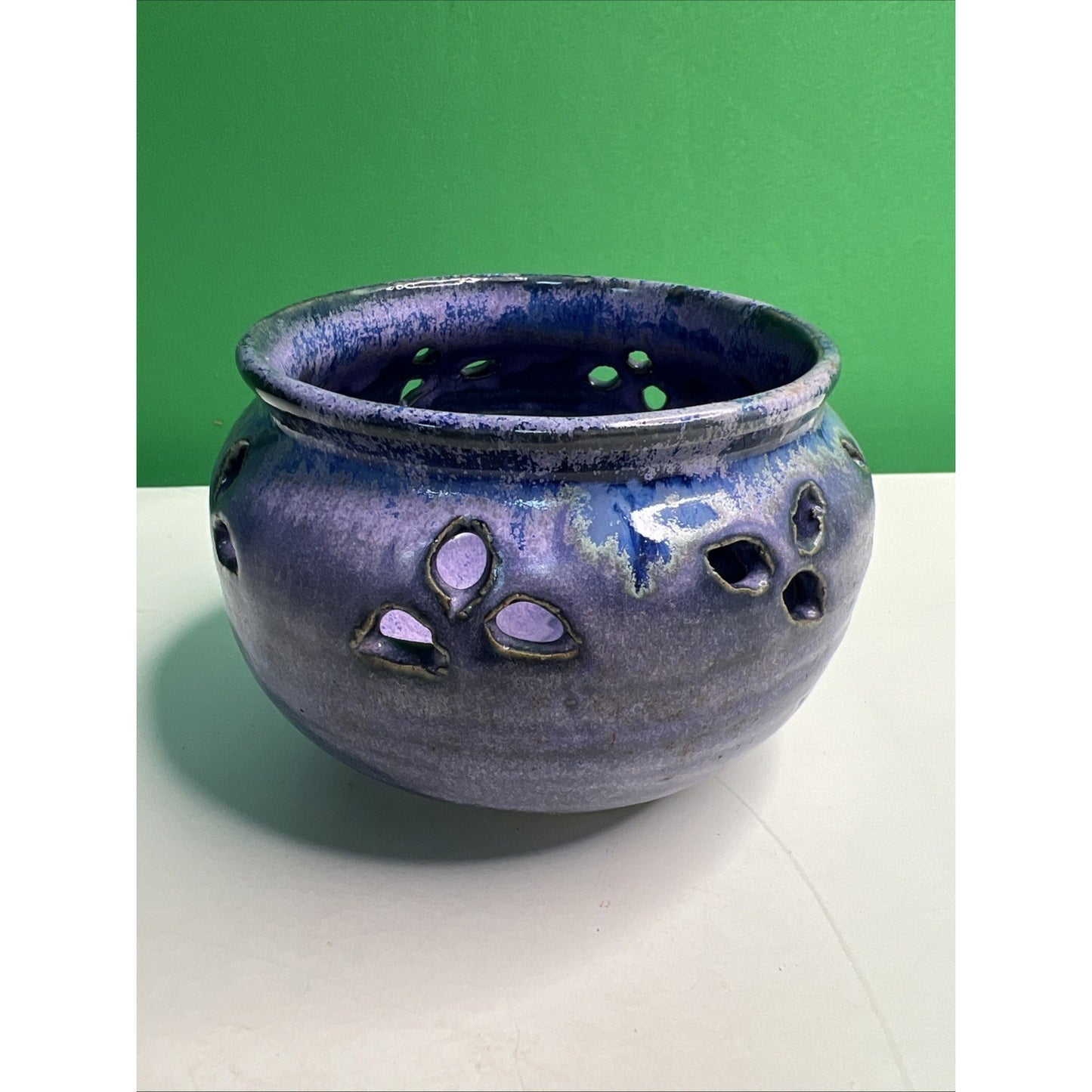Studio Art Pottery Ceramic Blue And Purple Hues Drip Glazed Vintage Vase