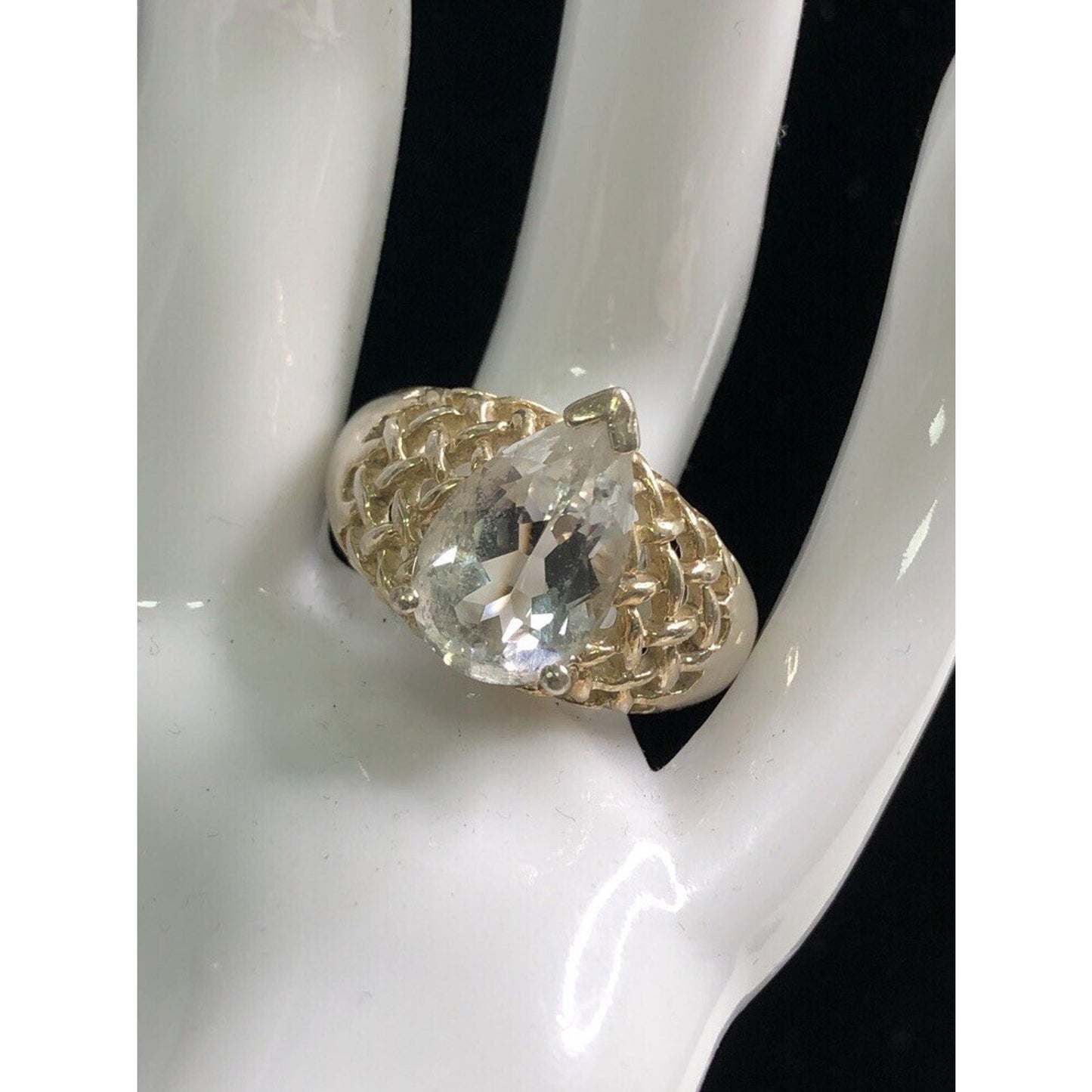 Vintage Sterling Silver RING SIZE 10 Teardrop Clear Stone Lattice Pattern Shank