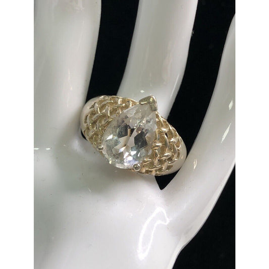 Vintage Sterling Silver RING SIZE 10 Teardrop Clear Stone Lattice Pattern Shank