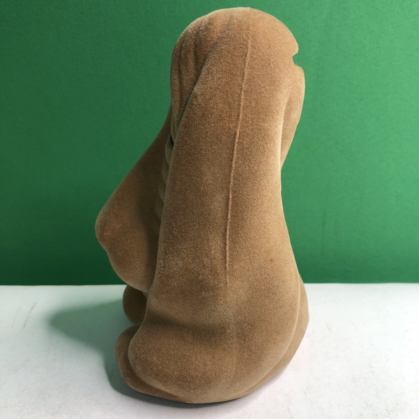 Vintage Tan Flocked Basset Hound Sad Dog With Teardrop Plastic Coin Bank 1970’s