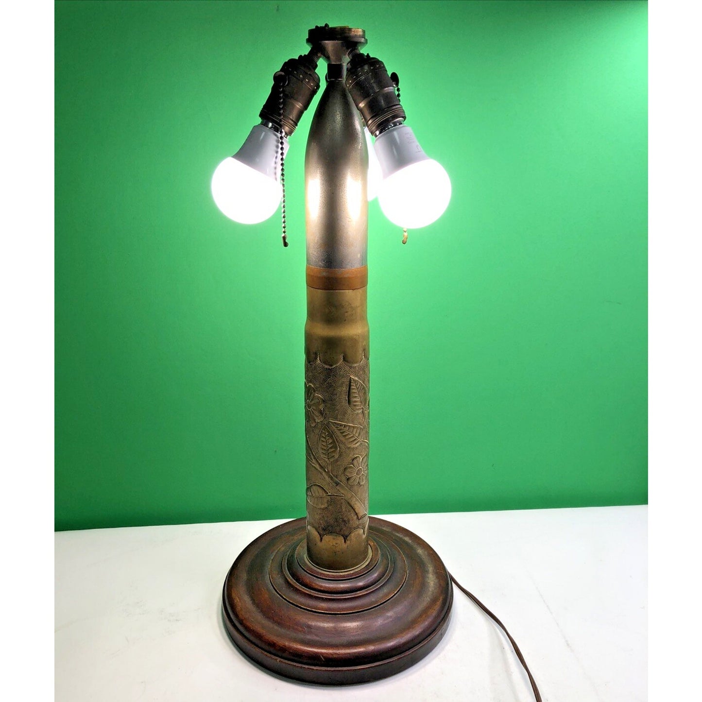 Trench Art Etched Artillery Shell Table Lamp, 3 Light, Wood Base 23” H - Works