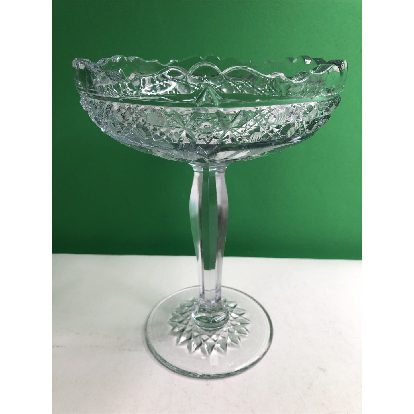 Beautiful Cut Glass Pedestal Compote Etched Flowers 8” Scalloped Edge