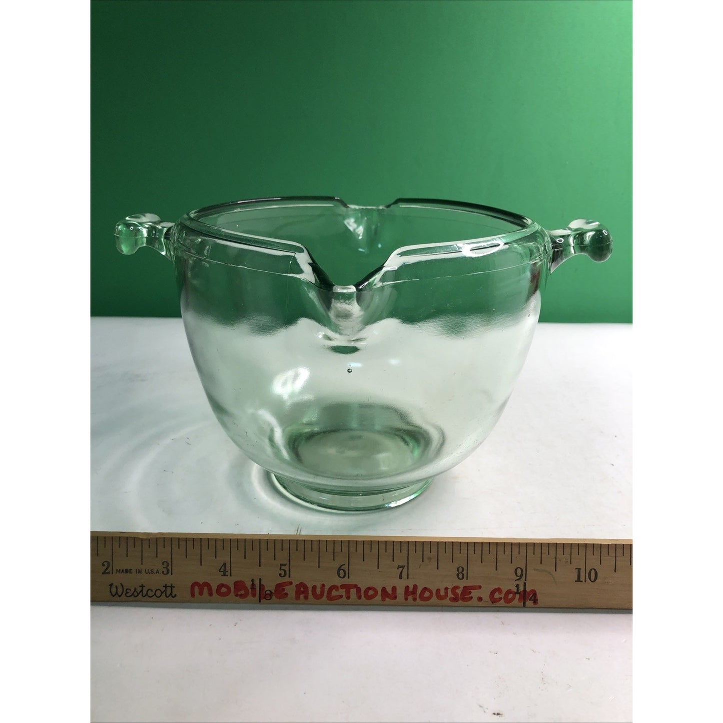 Vintage TUFGLAS Large Mixing Bowl Uranium Glass Double Spout Handled Depression