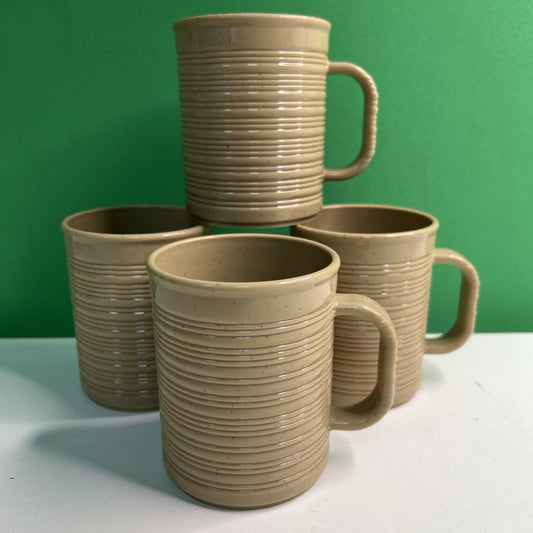 Set 4 MCM Earthentic-Ware Tan Speckled Ribbed Plastic Mugs Tumbler USA #3600