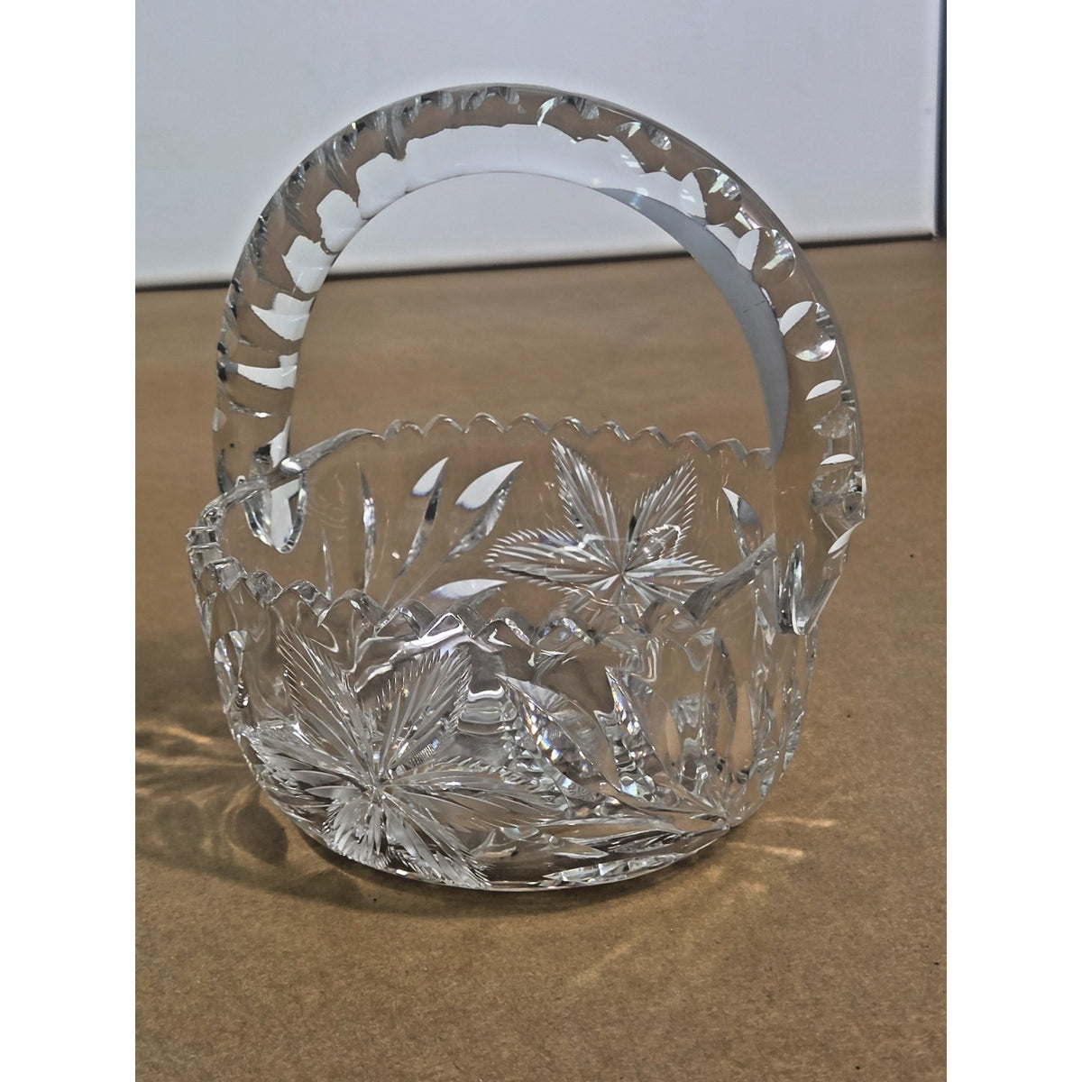 Vintage Hand-Cut Lead Crystal Basket - Bohemian Pinwheel & Leaf Star - 6 Inch