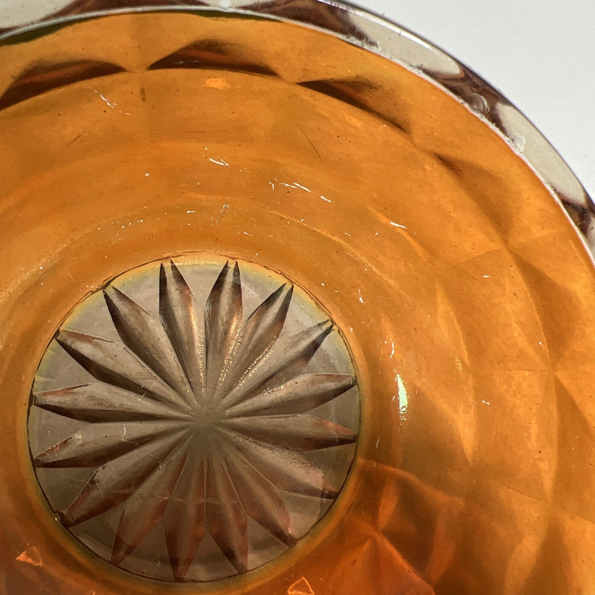 Marigold Carnival Glass 4” Berry Bowl With Block Design Clear Starburst Bottom