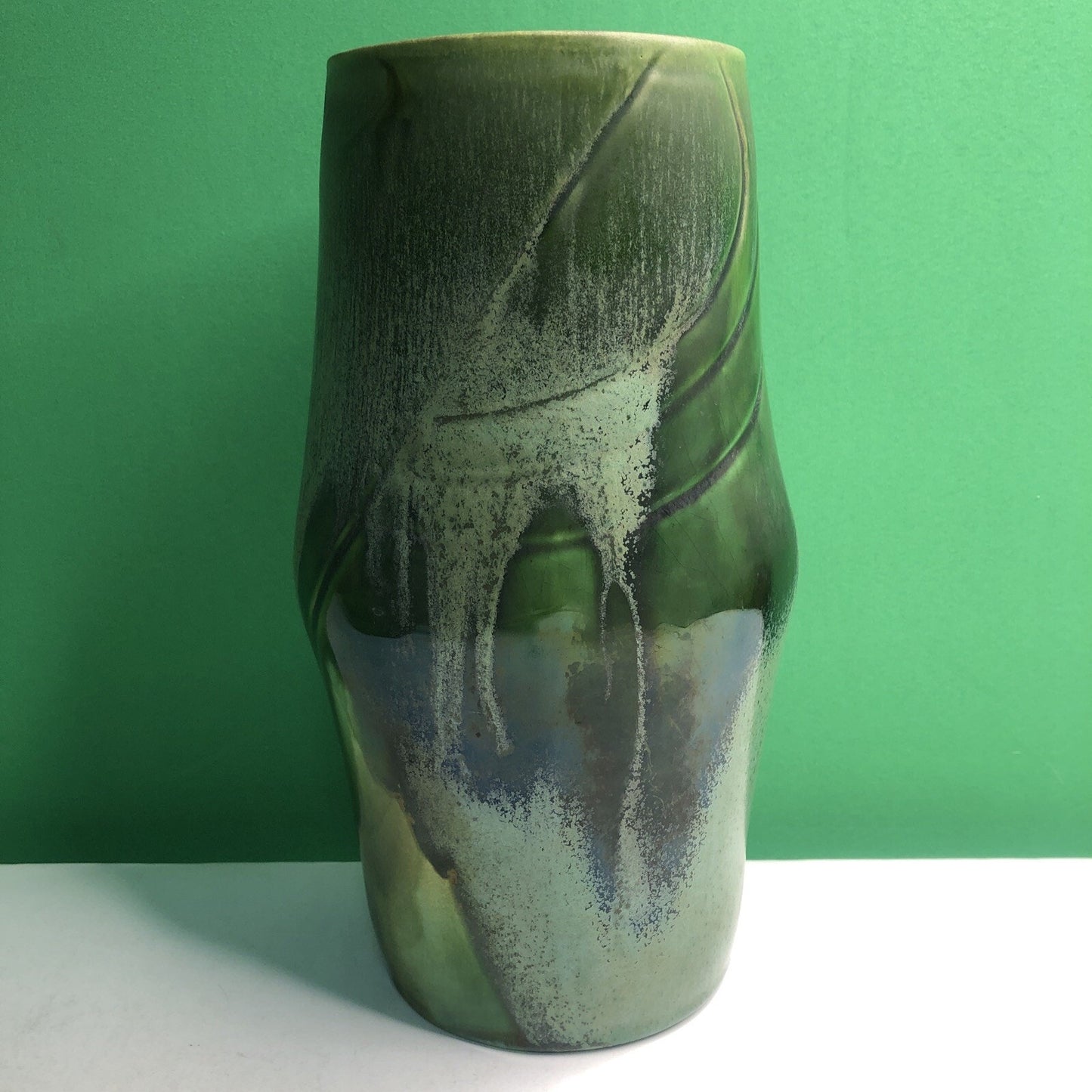 Vintage California Pottery Vase by Artist Hazel Hutchins Green Leaf/Plant Motif
