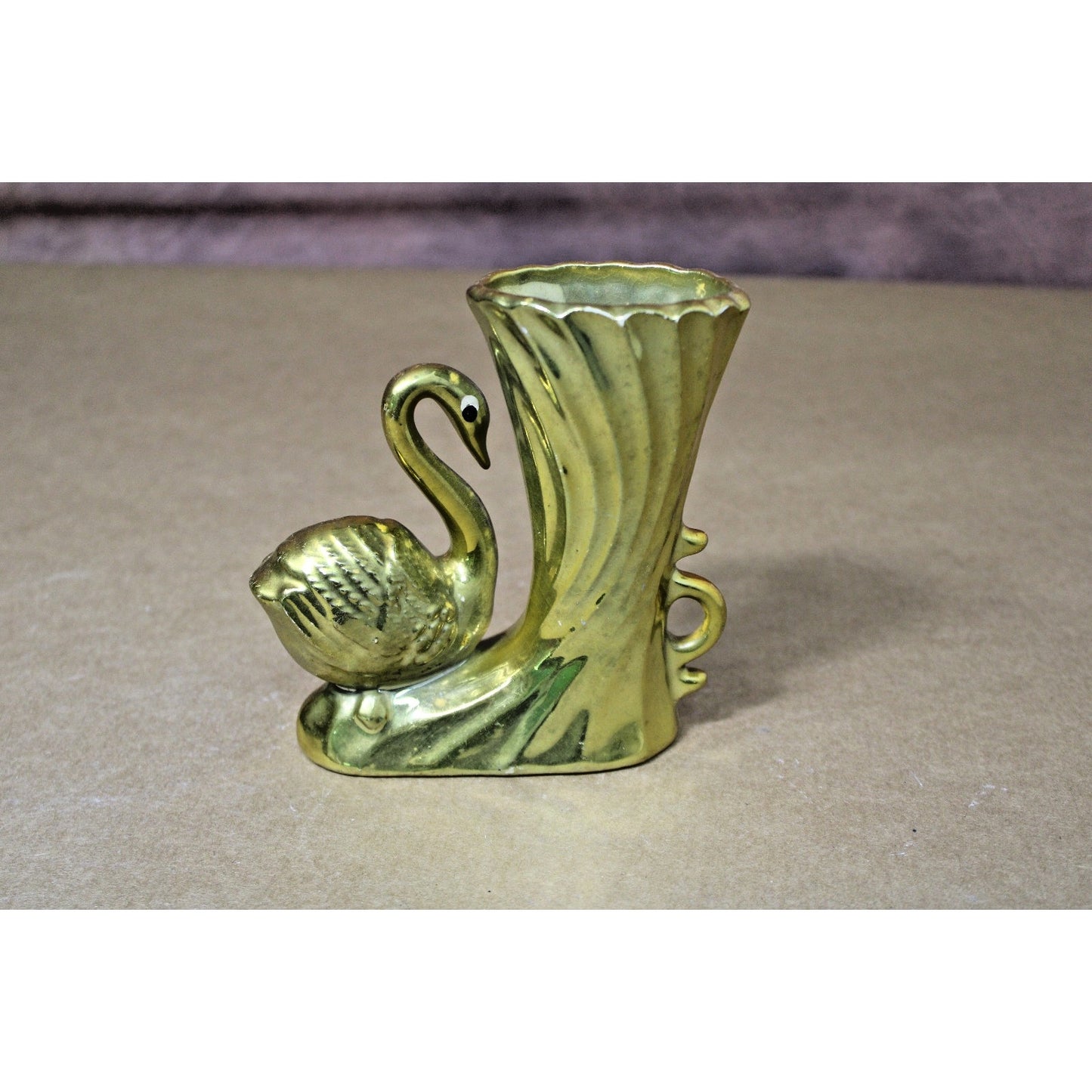 Vintage 1950s Anodized Gold Swan Thermometer Vase, Ceramic, Kitsch, MCM, 5 "H