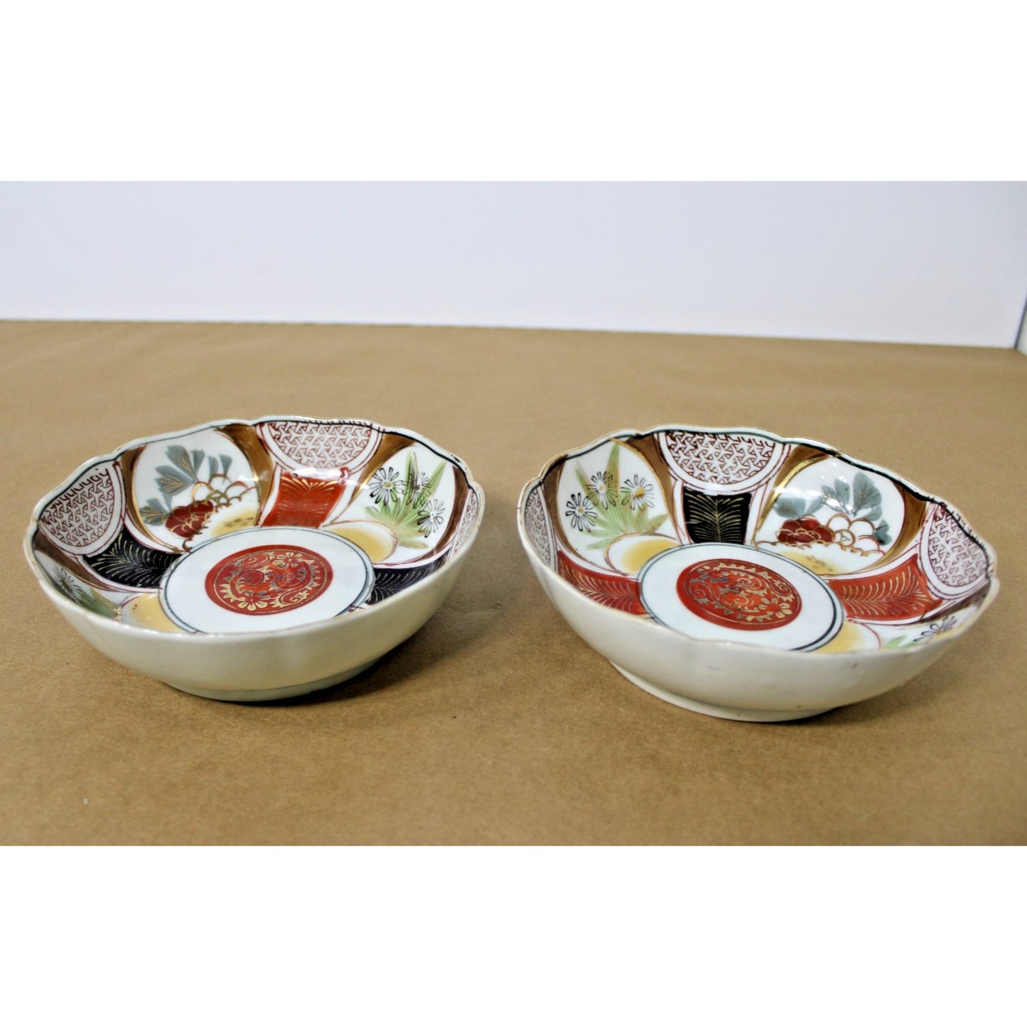 Pair of Antique 19th Century Imari Low Bowls w/ Scalloped Edges, 6" D.