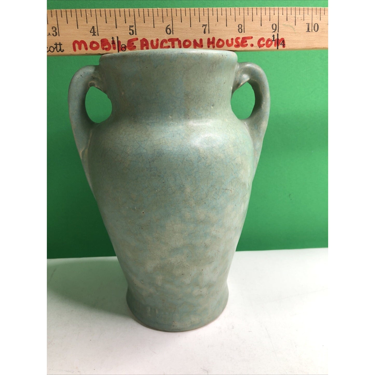 Brush McCoy 1930s Vintage Art Deco Pottery Mottled Green Cream Ceramic Vase